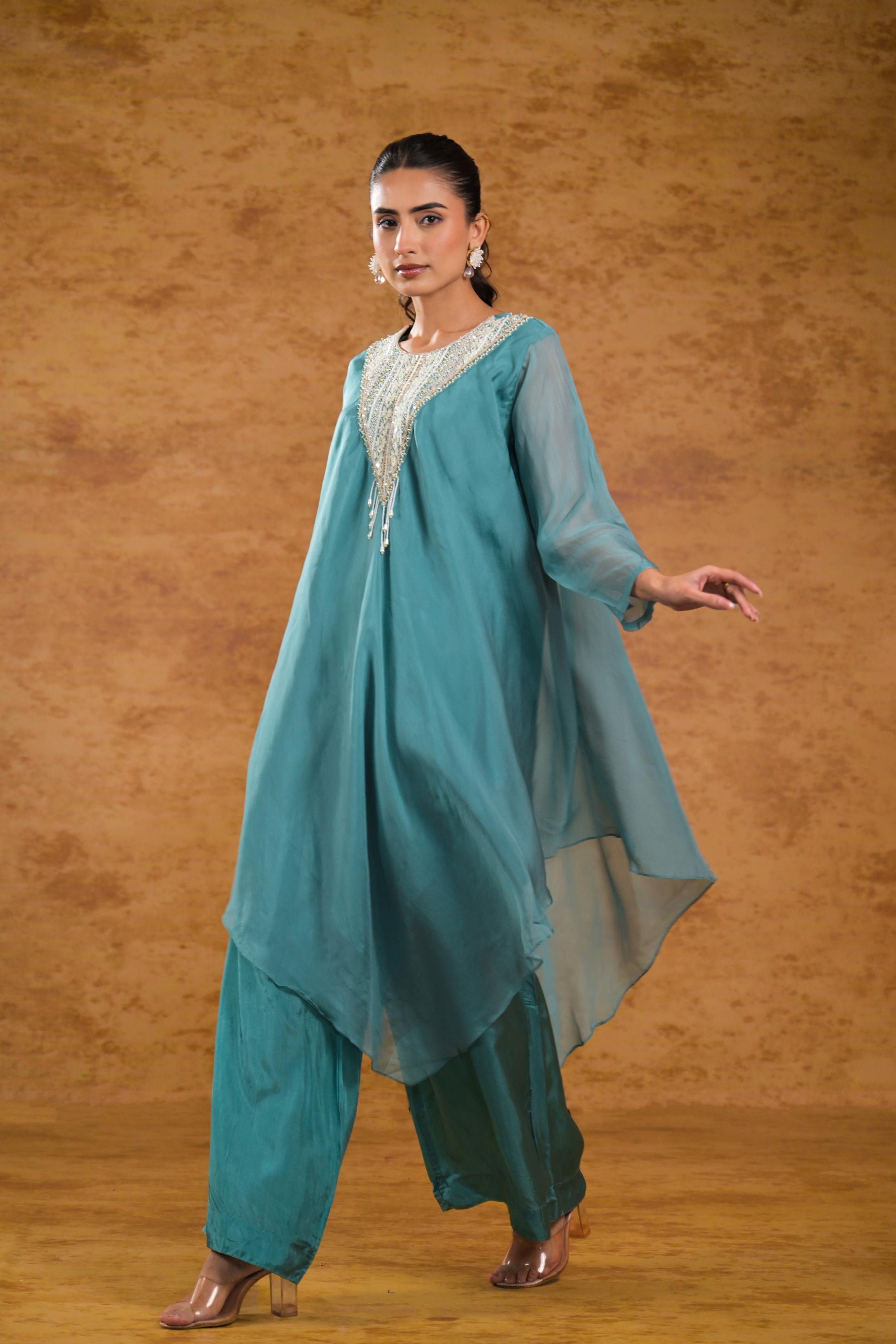 Light Teal Embellished Organza Silk Kurta Set