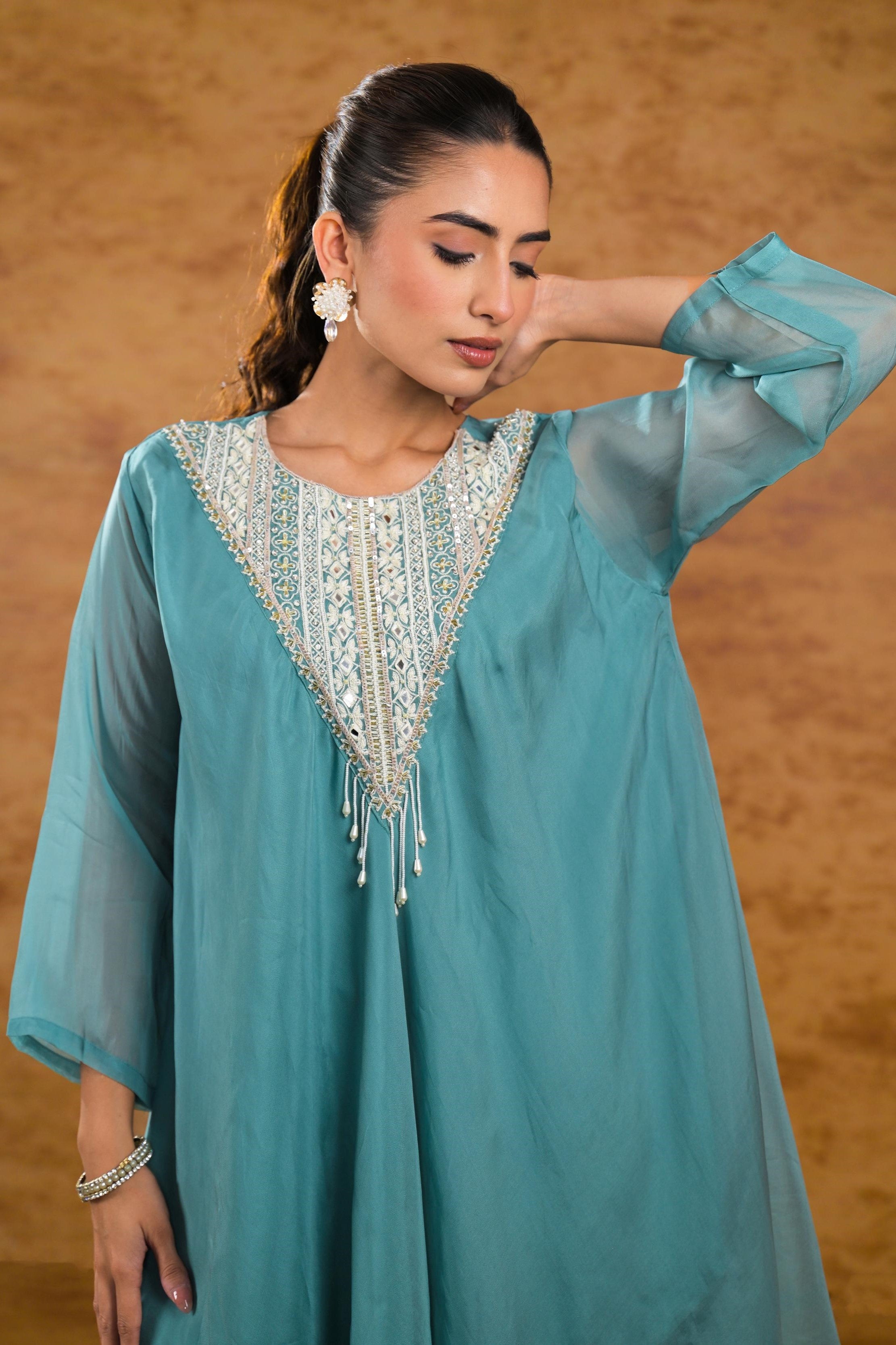 Light Teal Embellished Organza Silk Kurta Set