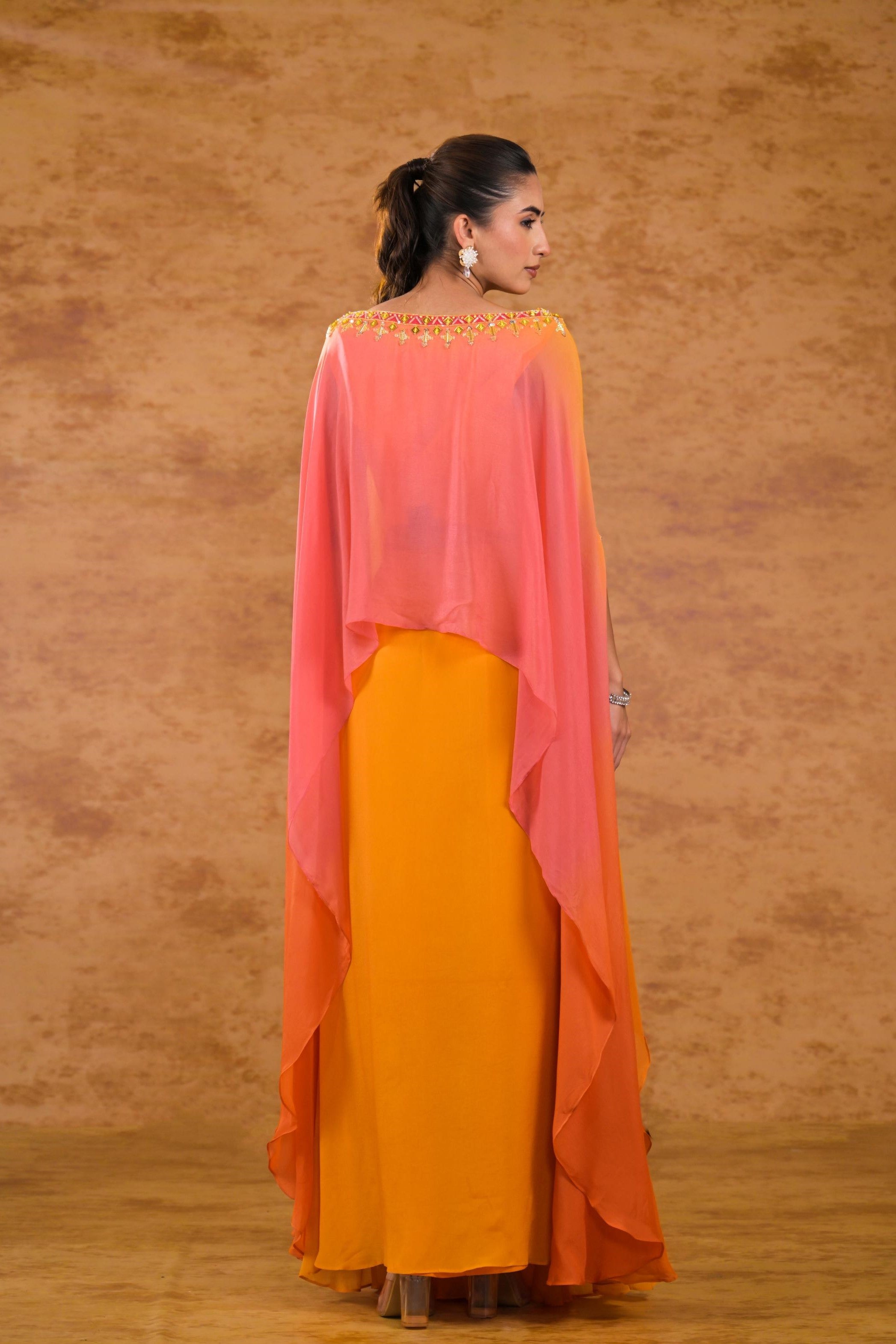 Orange Ombre-Dyed Embellished Georgette Silk Skirt Set