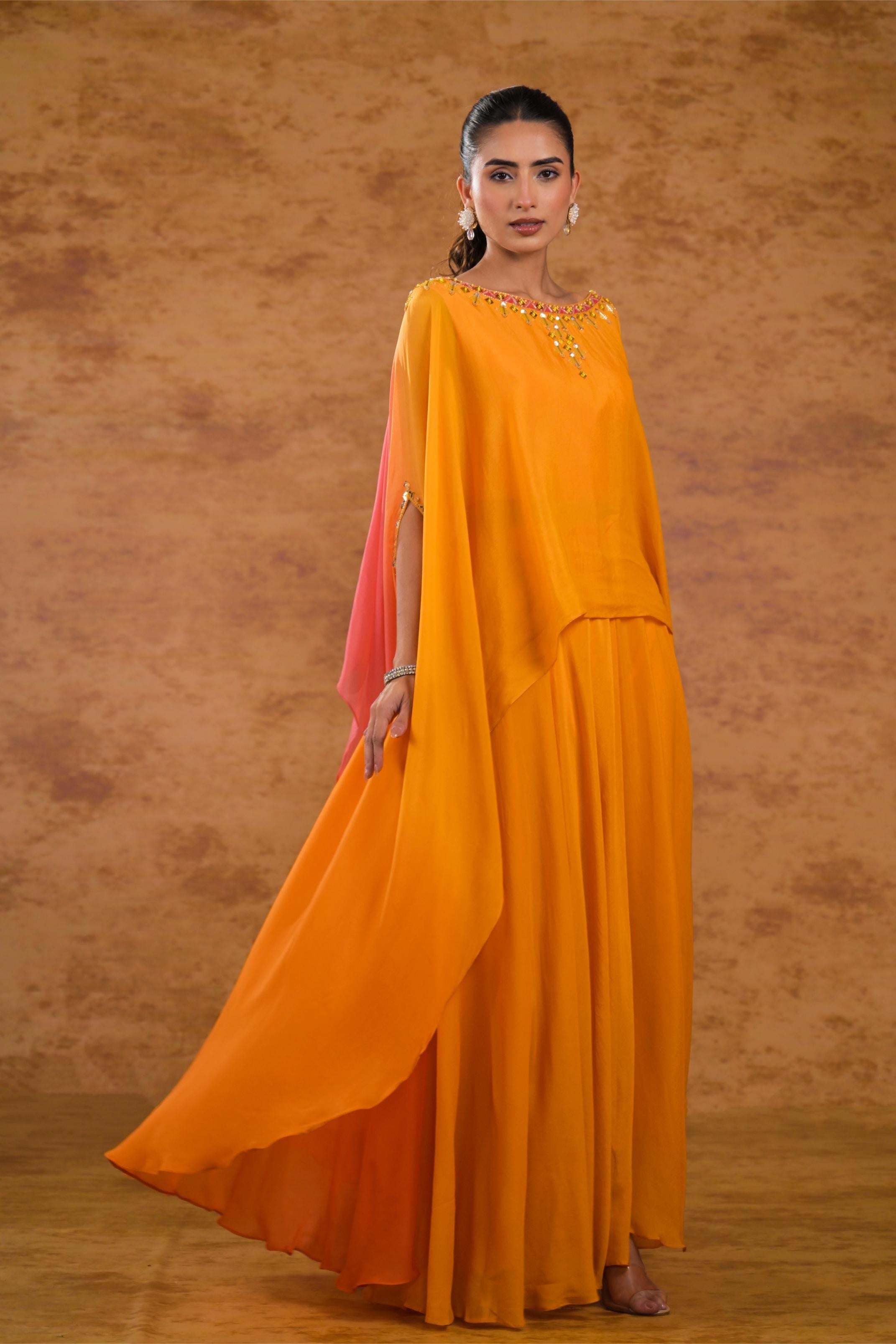 Orange Ombre-Dyed Embellished Georgette Silk Skirt Set