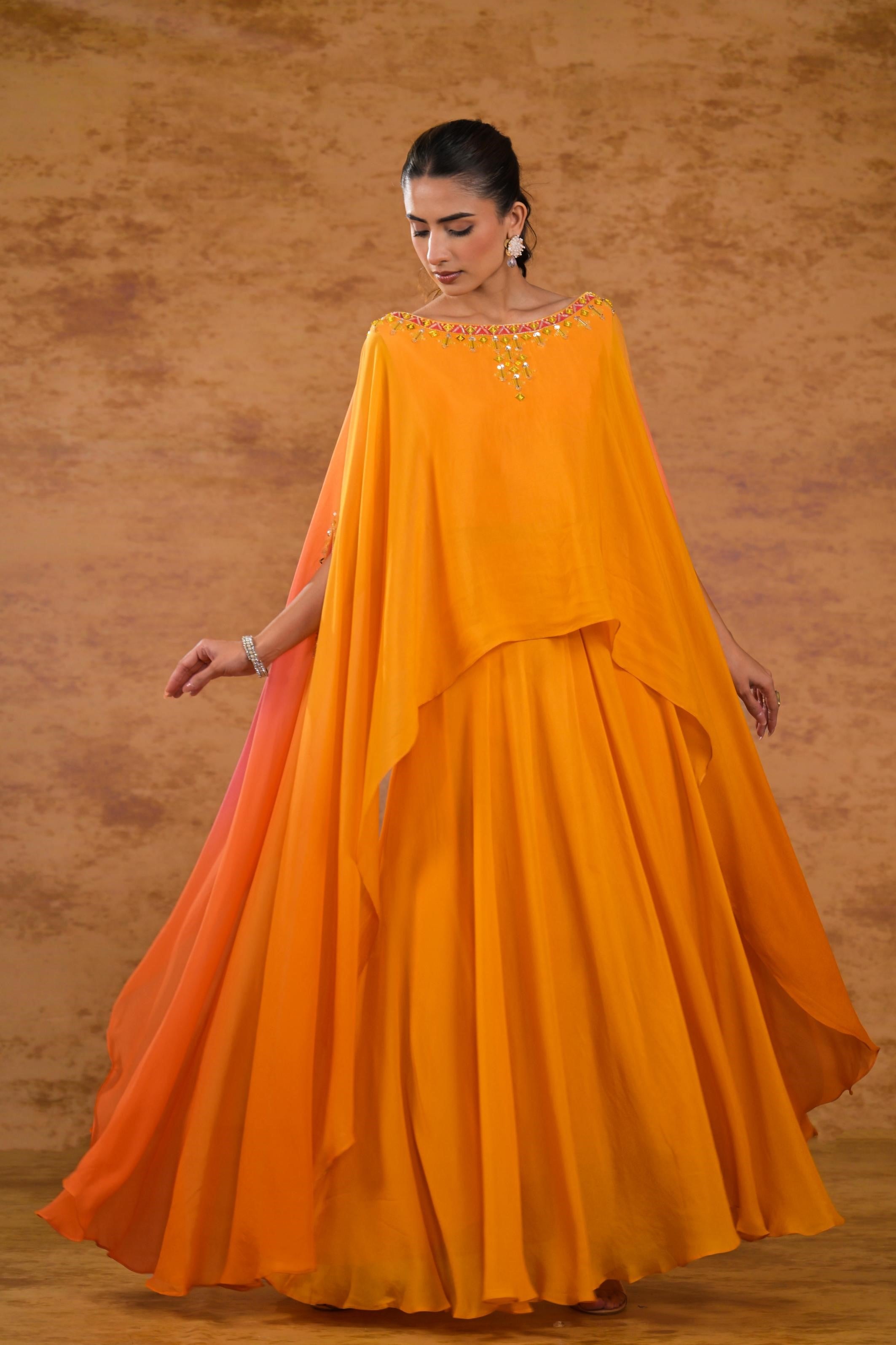 Orange Ombre-Dyed Embellished Georgette Silk Skirt Set