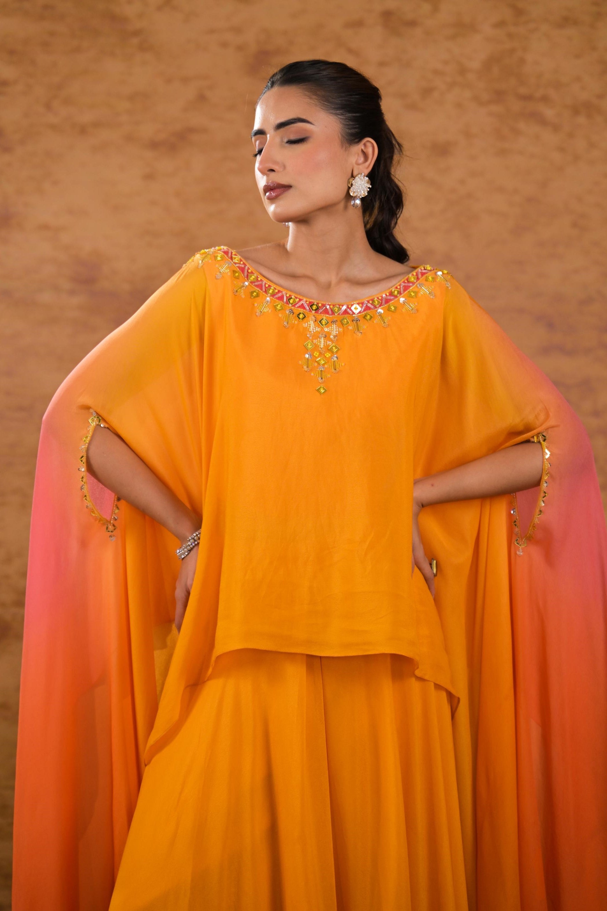 Orange Ombre-Dyed Embellished Georgette Silk Skirt Set