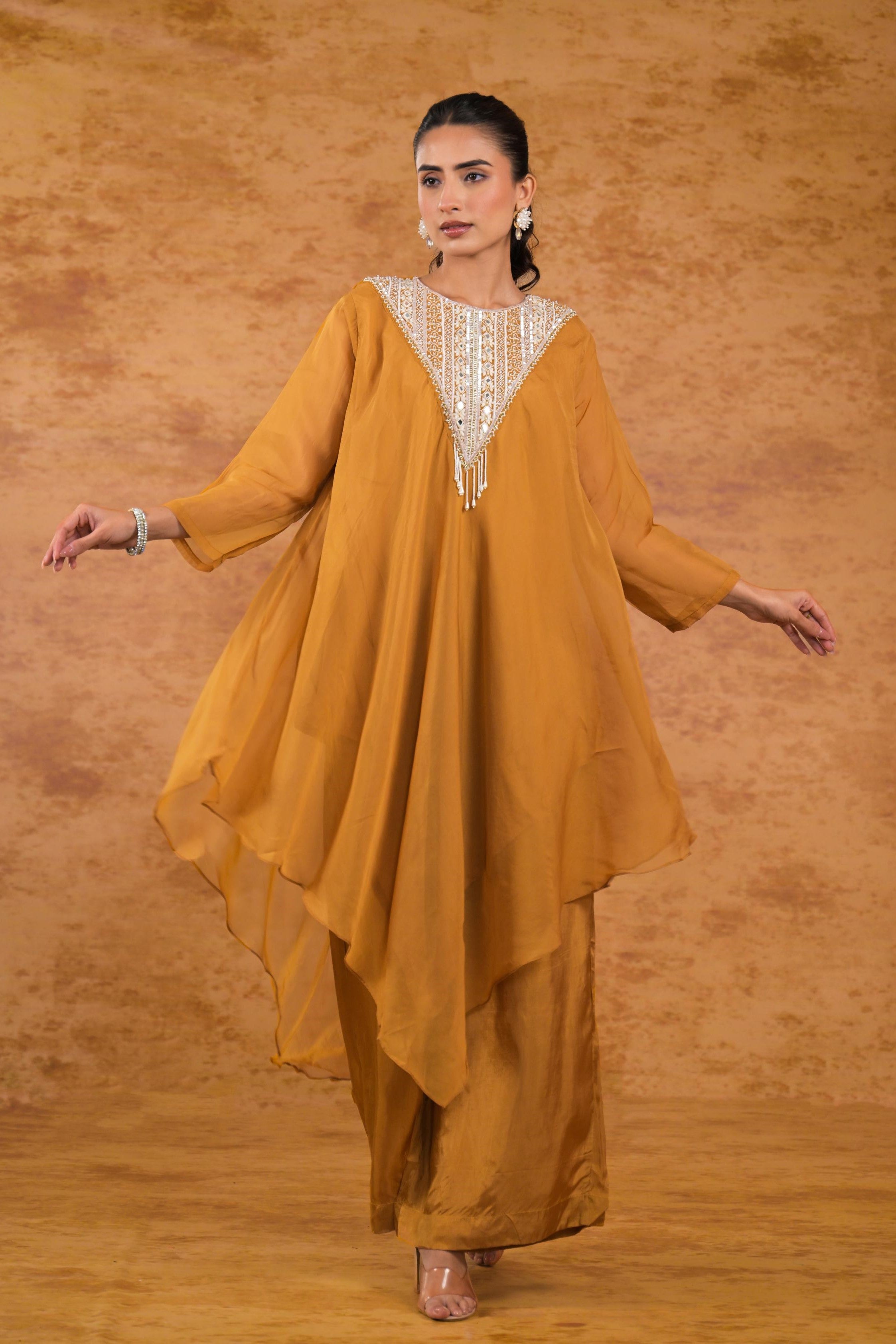 Golden Yellow Embellished Organza Silk Kurta Set