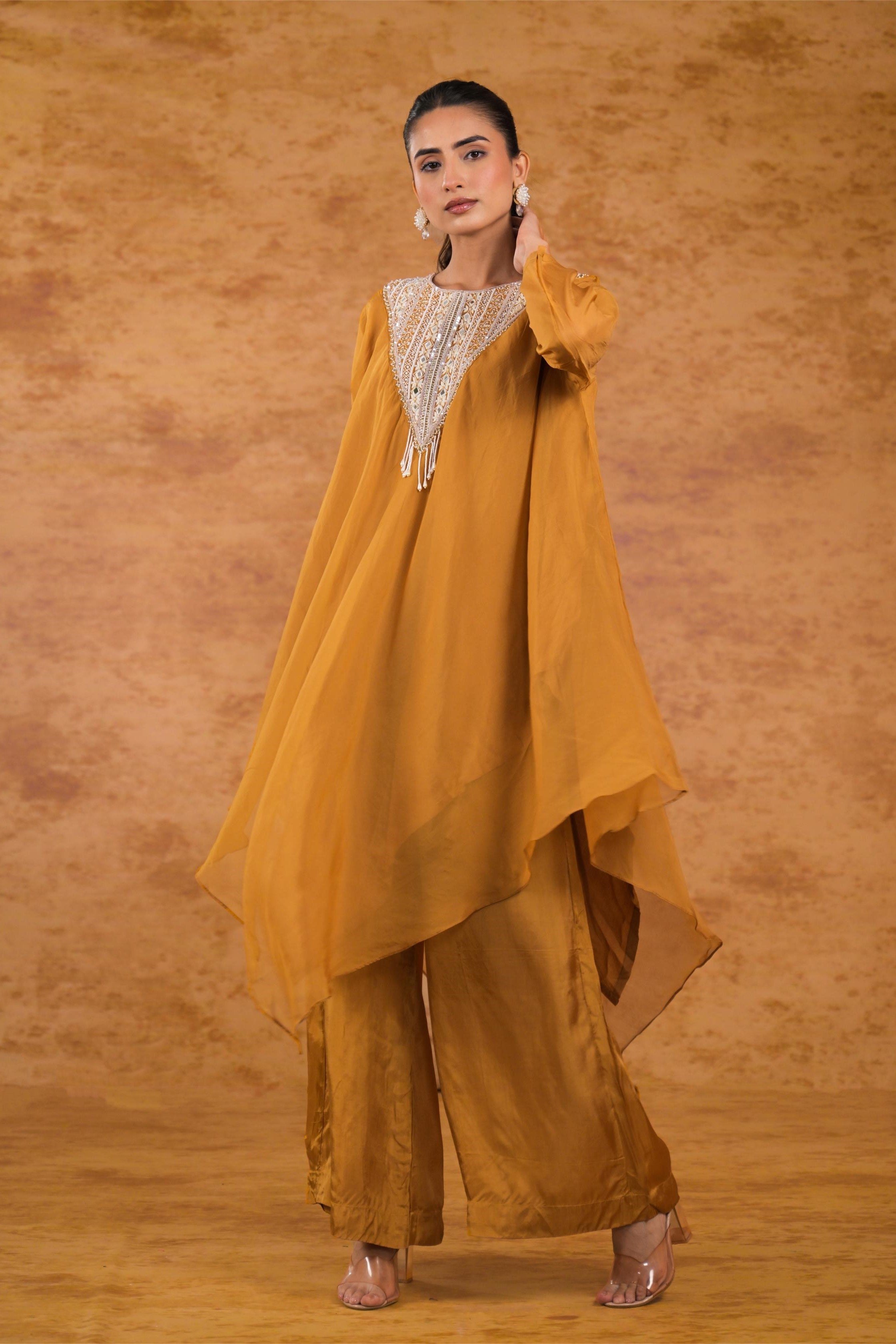 Golden Yellow Embellished Organza Silk Kurta Set