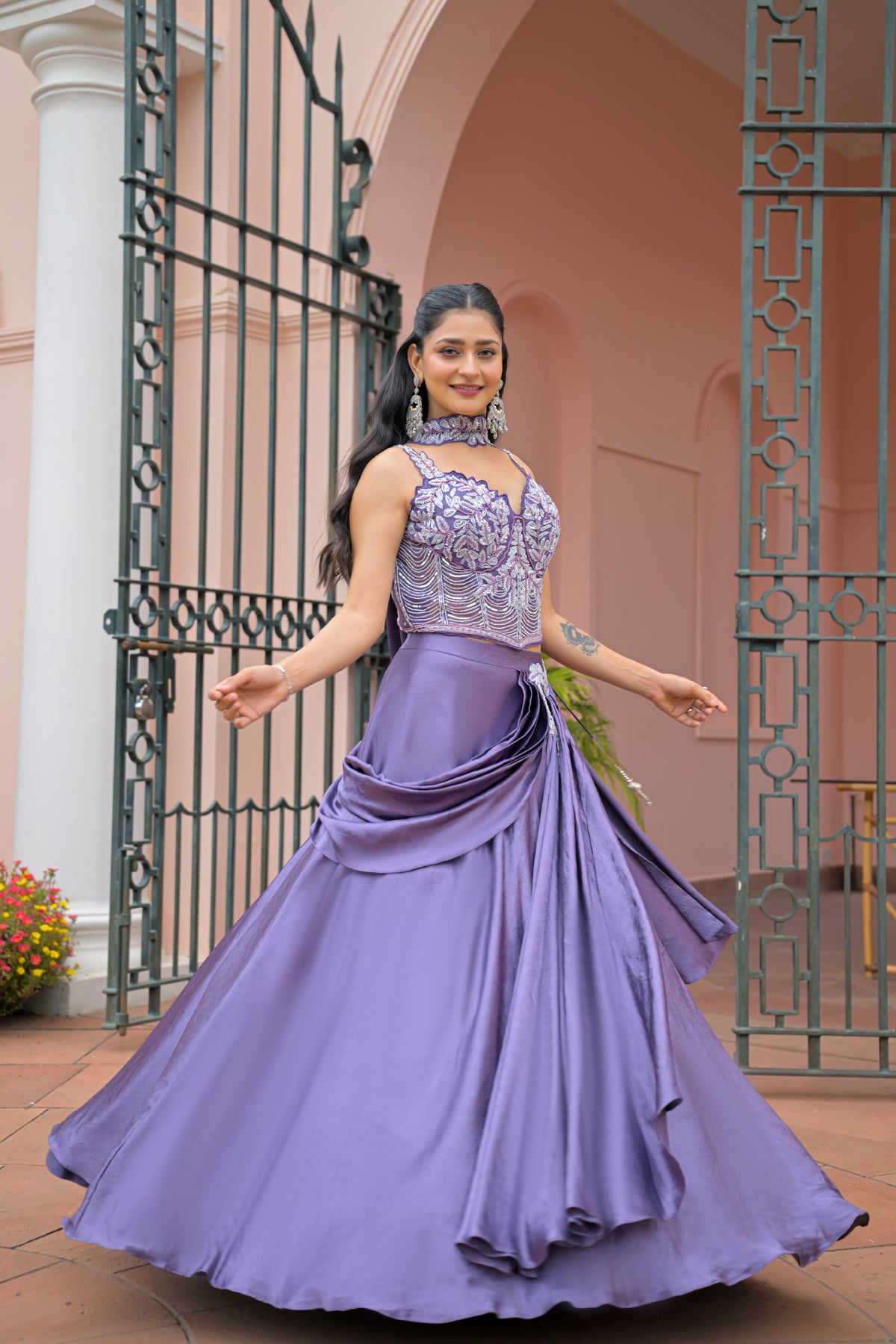 Dusty Purple Embellished Shimmer Silk Skirt Set