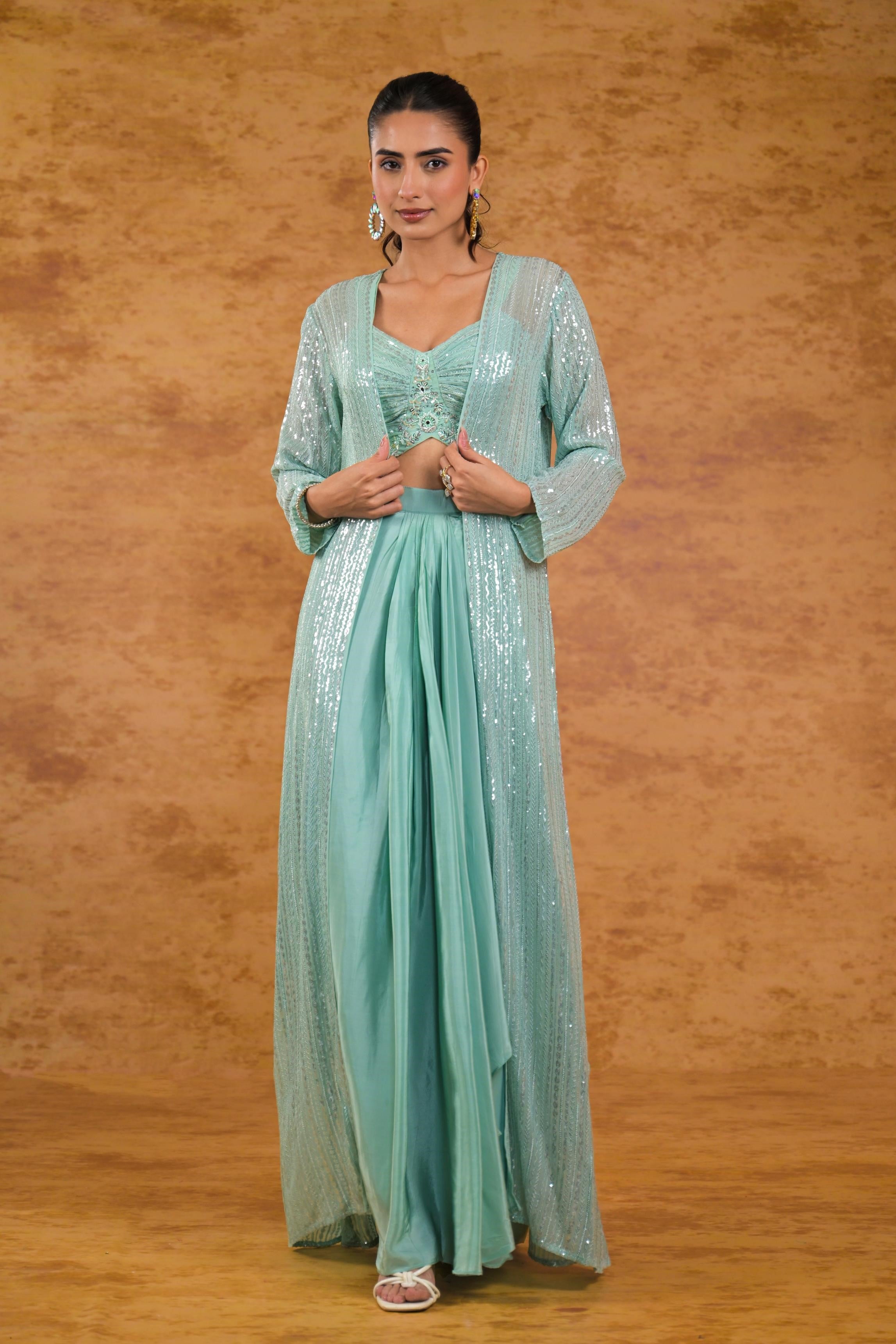 Pale Teal Embellished Georgette Silk Shrug Set