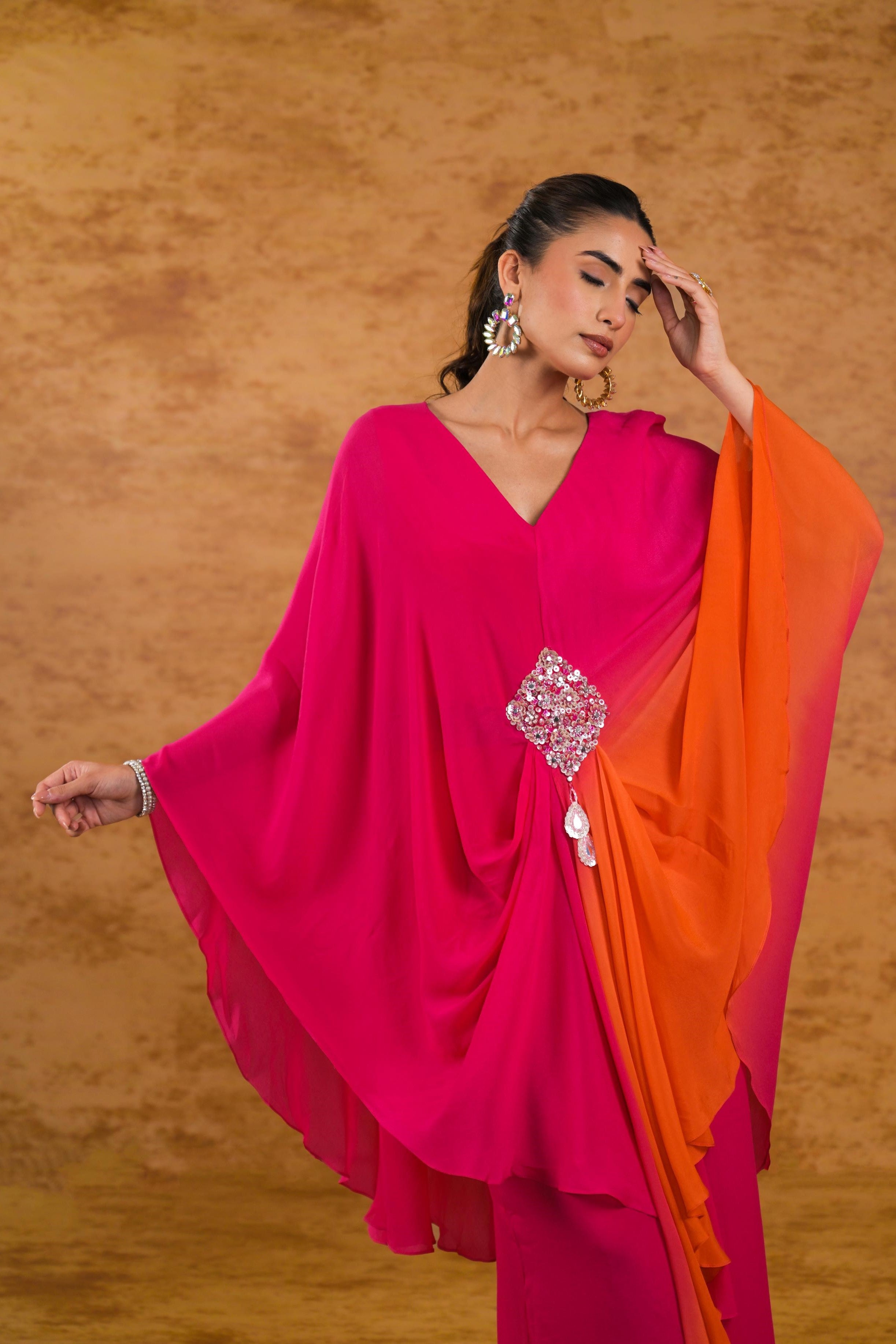 Pink Ombre-Dyed Georgette Silk Kaftan Set