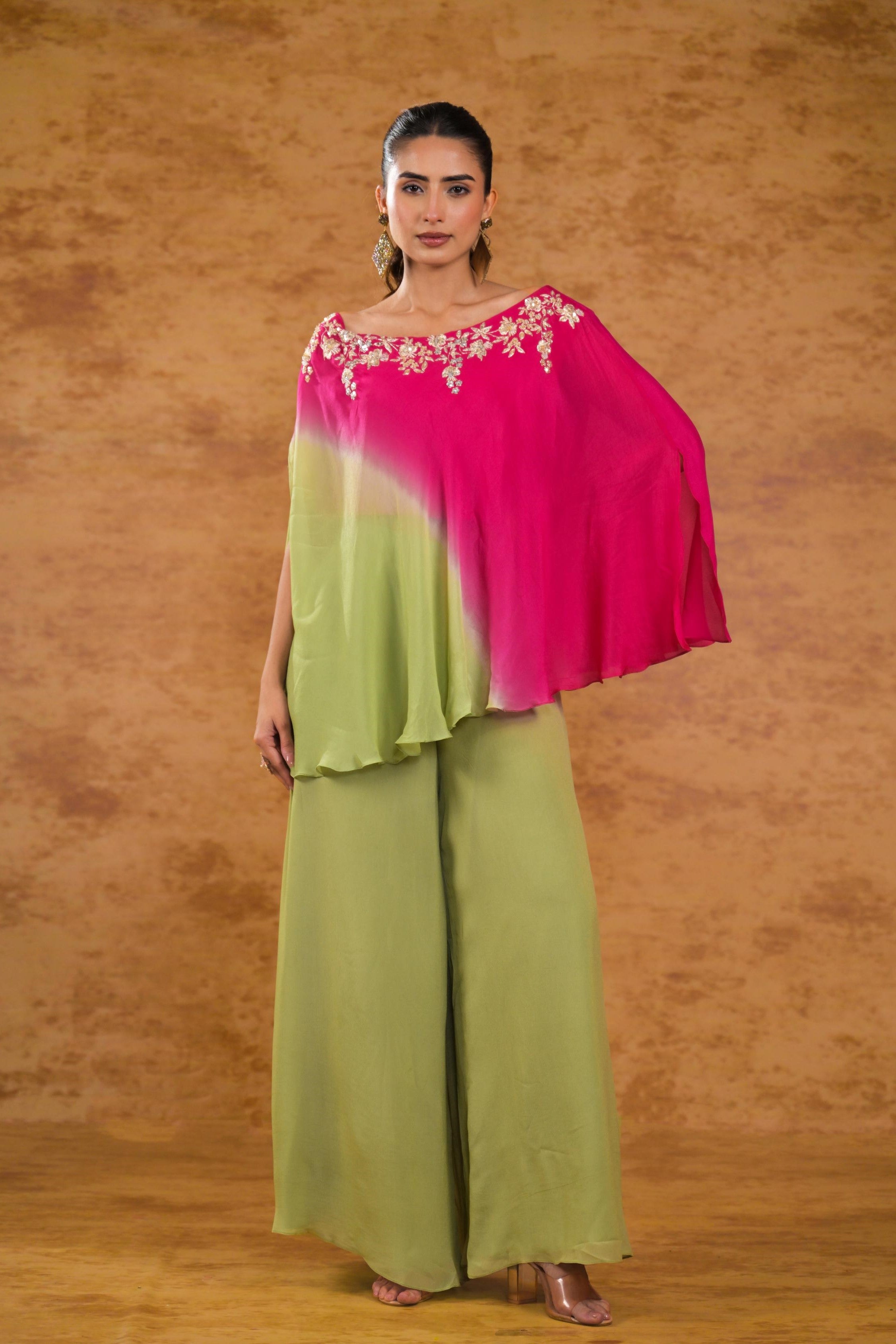 Light Green Ombre-Dyed Georgette Silk Co-Ord Set