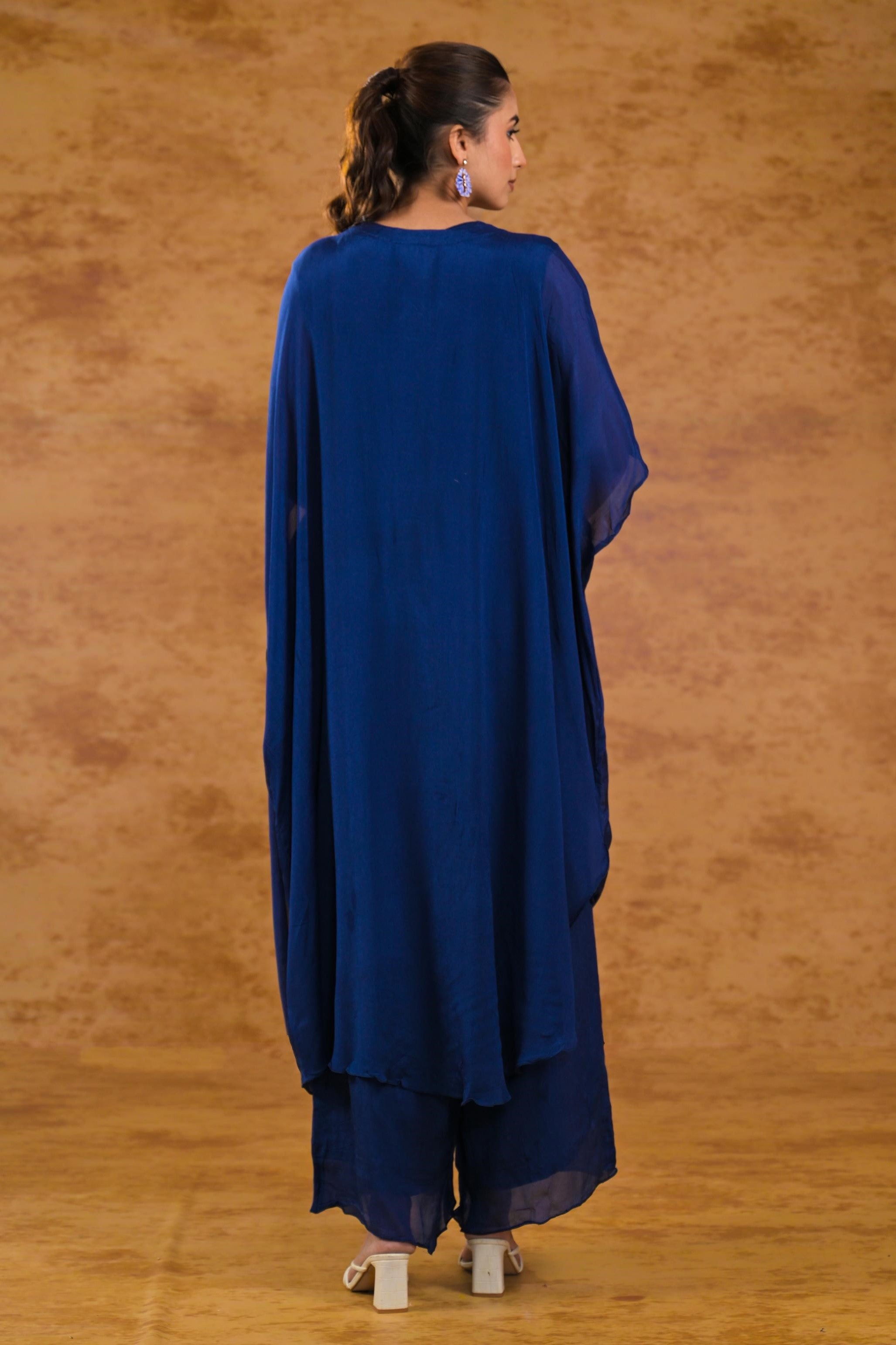 Deep Blue Embellished Chinon Silk Kaftan Set