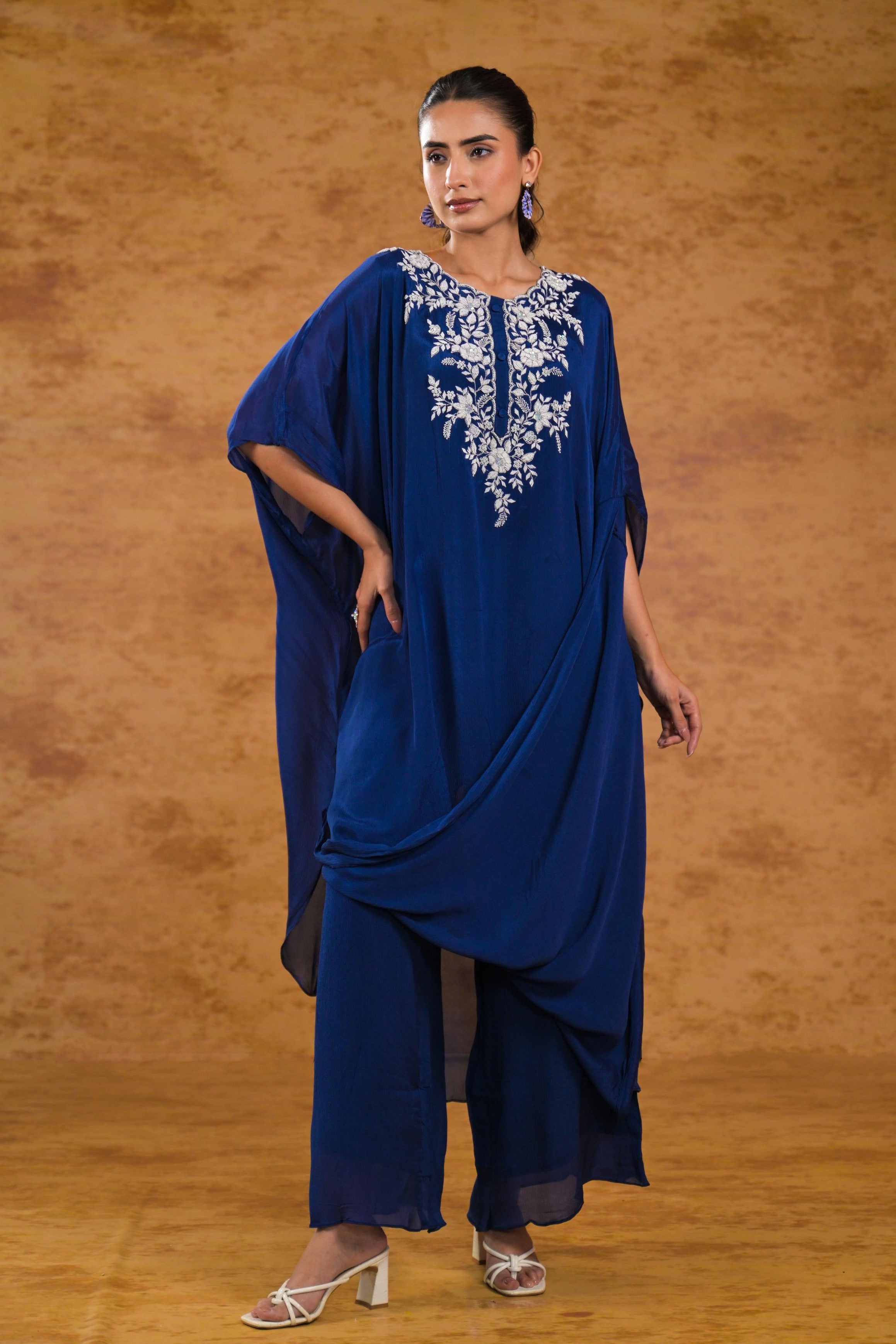 Deep Blue Embellished Chinon Silk Kaftan Set