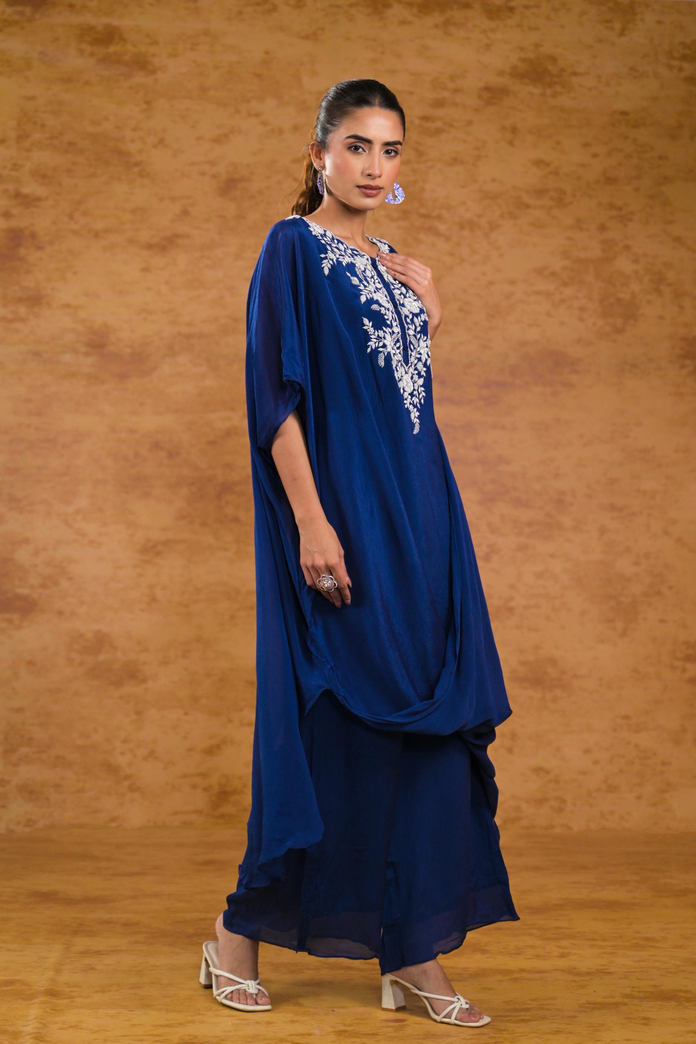 Deep Blue Embellished Chinon Silk Kaftan Set