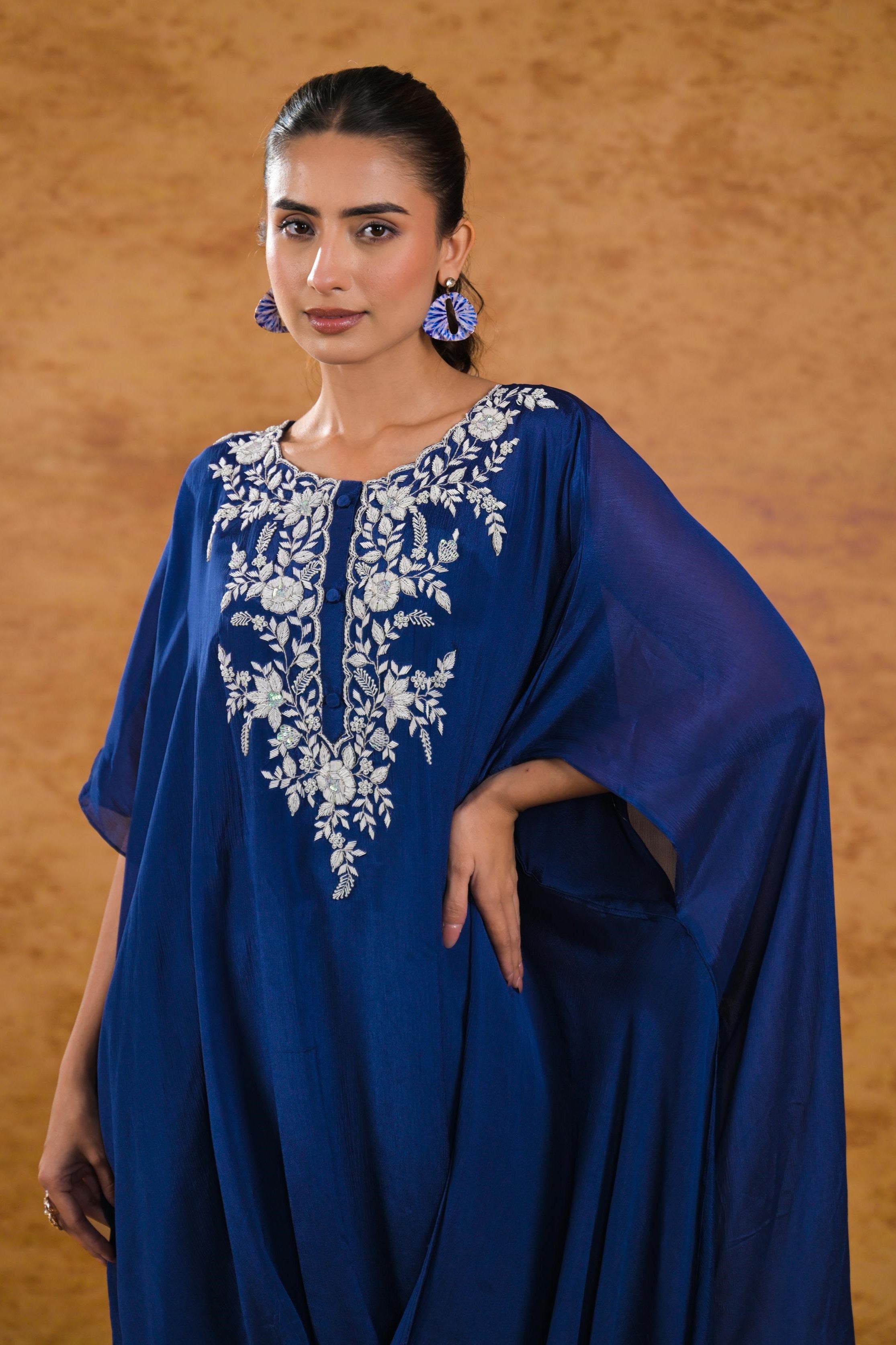 Deep Blue Embellished Chinon Silk Kaftan Set