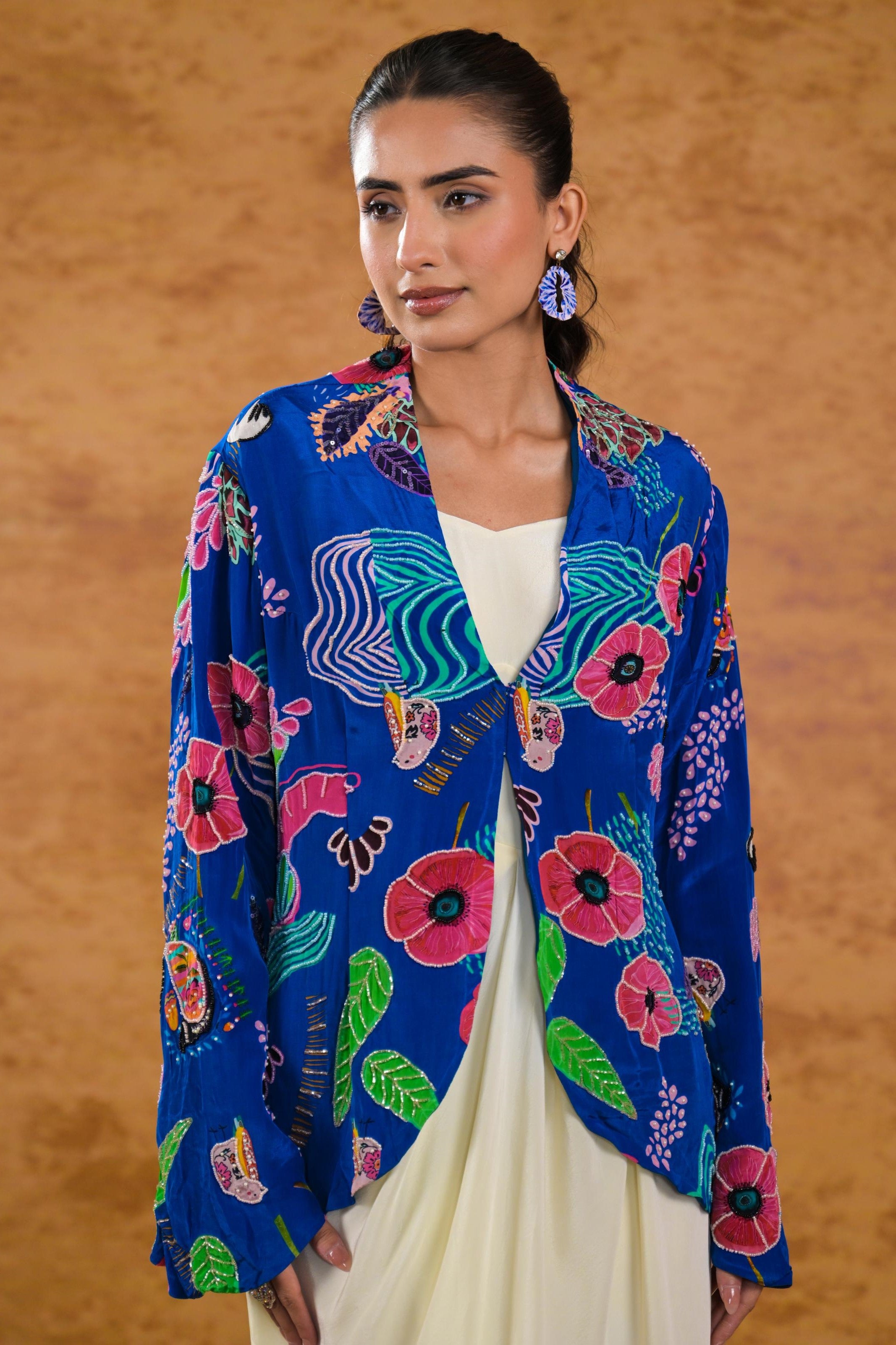 Blue Floral Printed Premium Silk Jacket Draped Gown