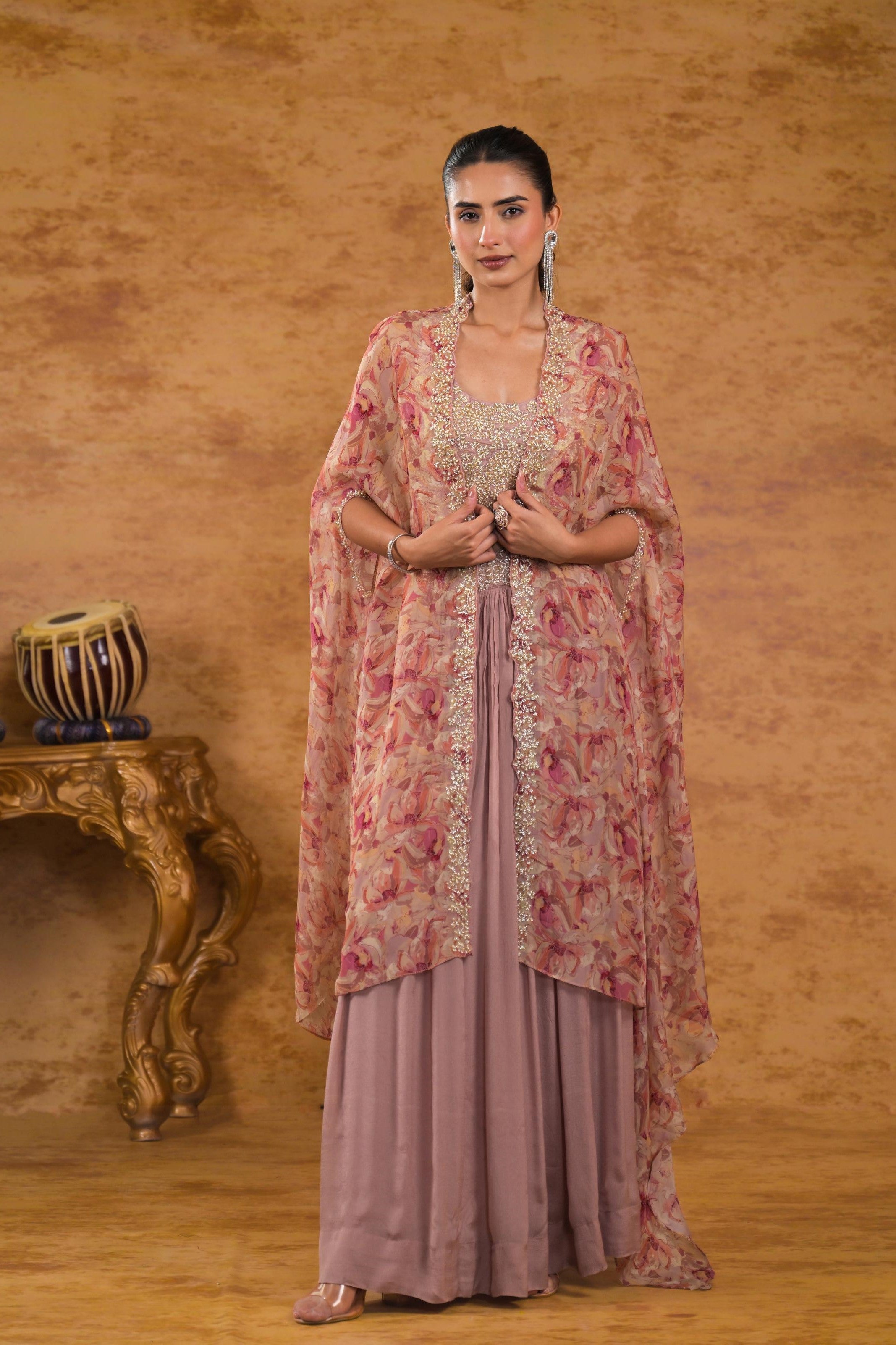 Dusky Peach Floral Printed Organza Silk Cape Set