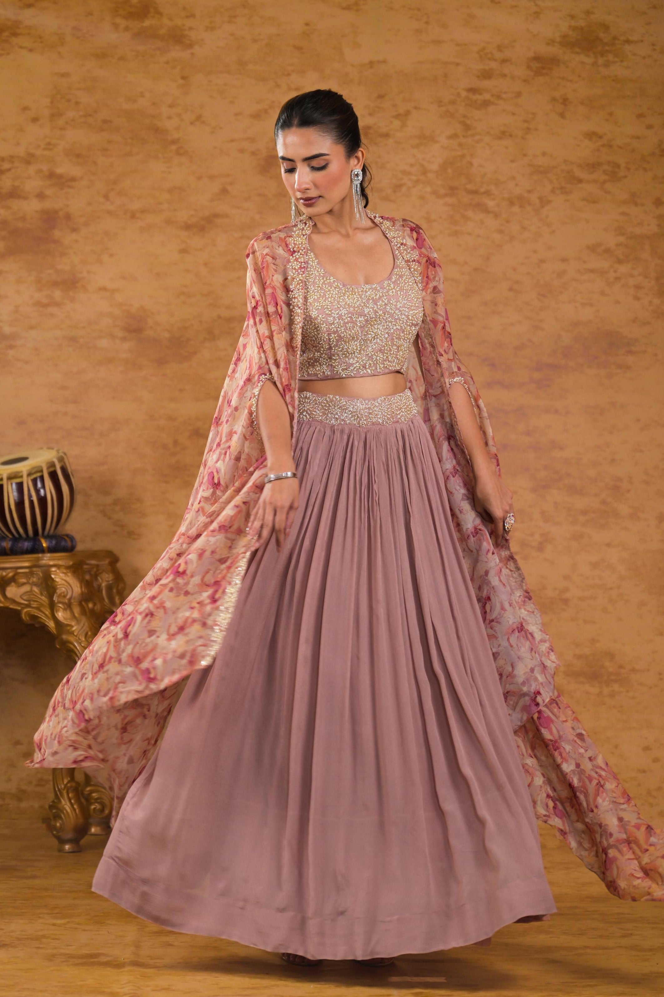 Dusky Peach Floral Printed Organza Silk Cape Set