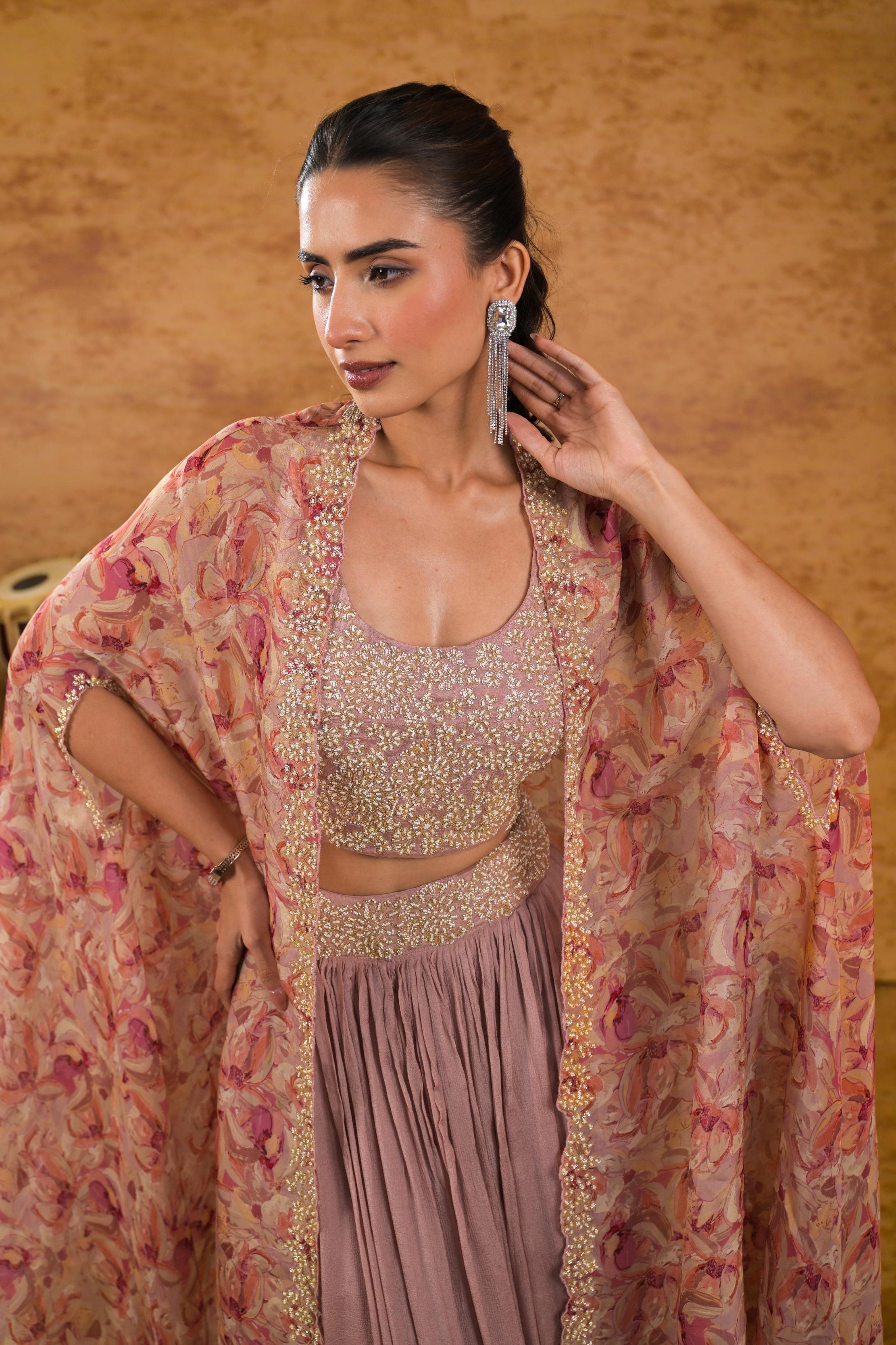 Dusky Peach Floral Printed Organza Silk Cape Set