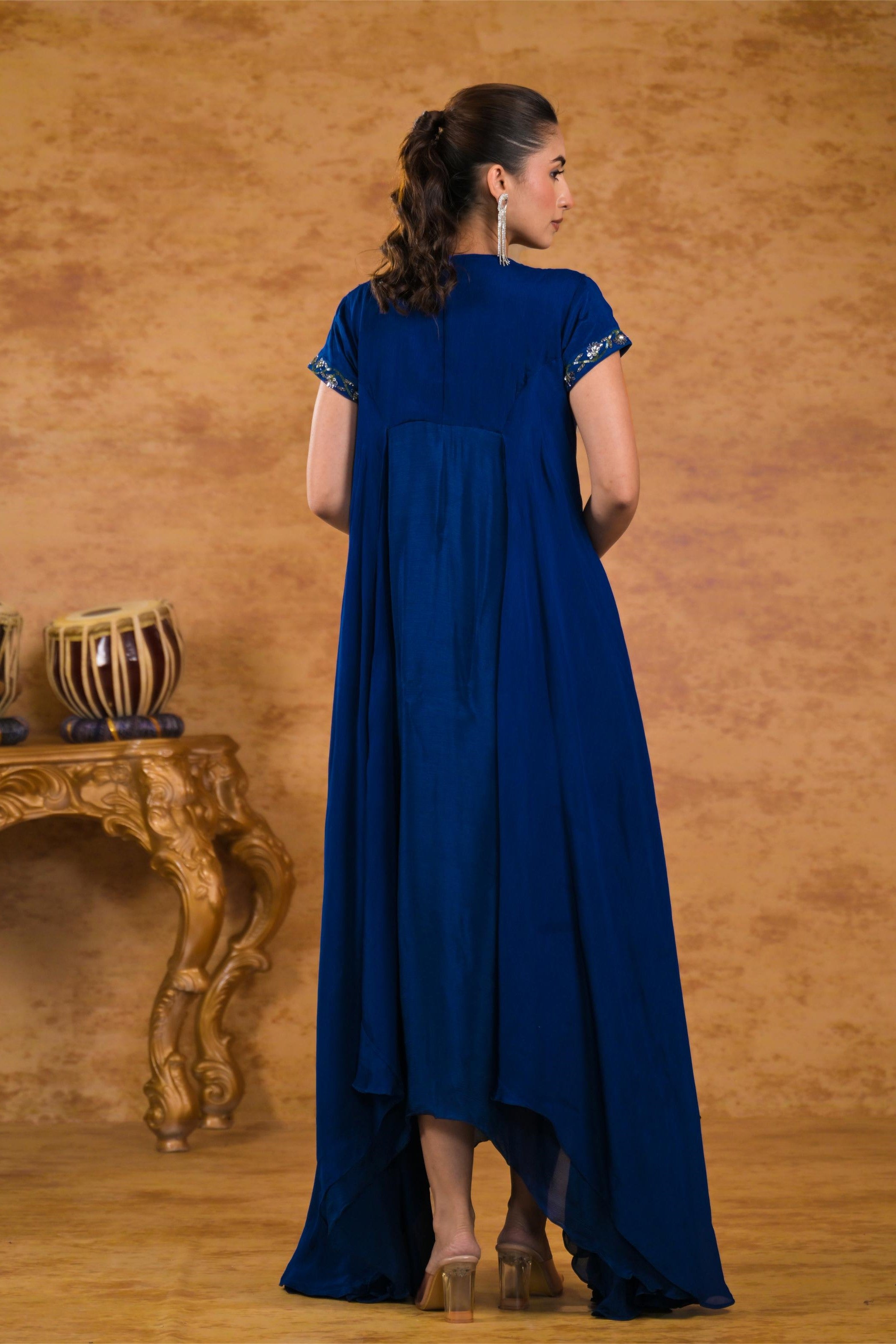 Deep Blue Embroidered Chinon Silk Gown