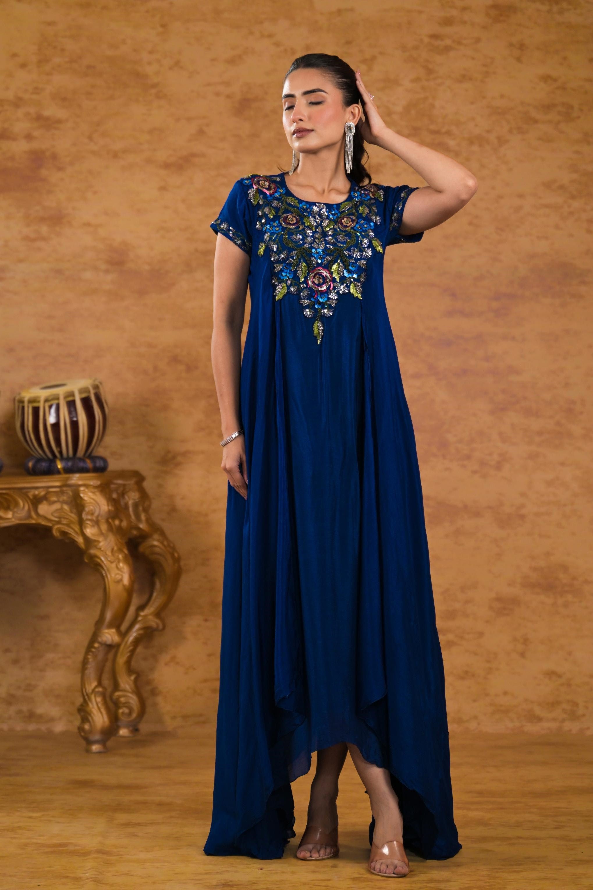 Deep Blue Embroidered Chinon Silk Gown