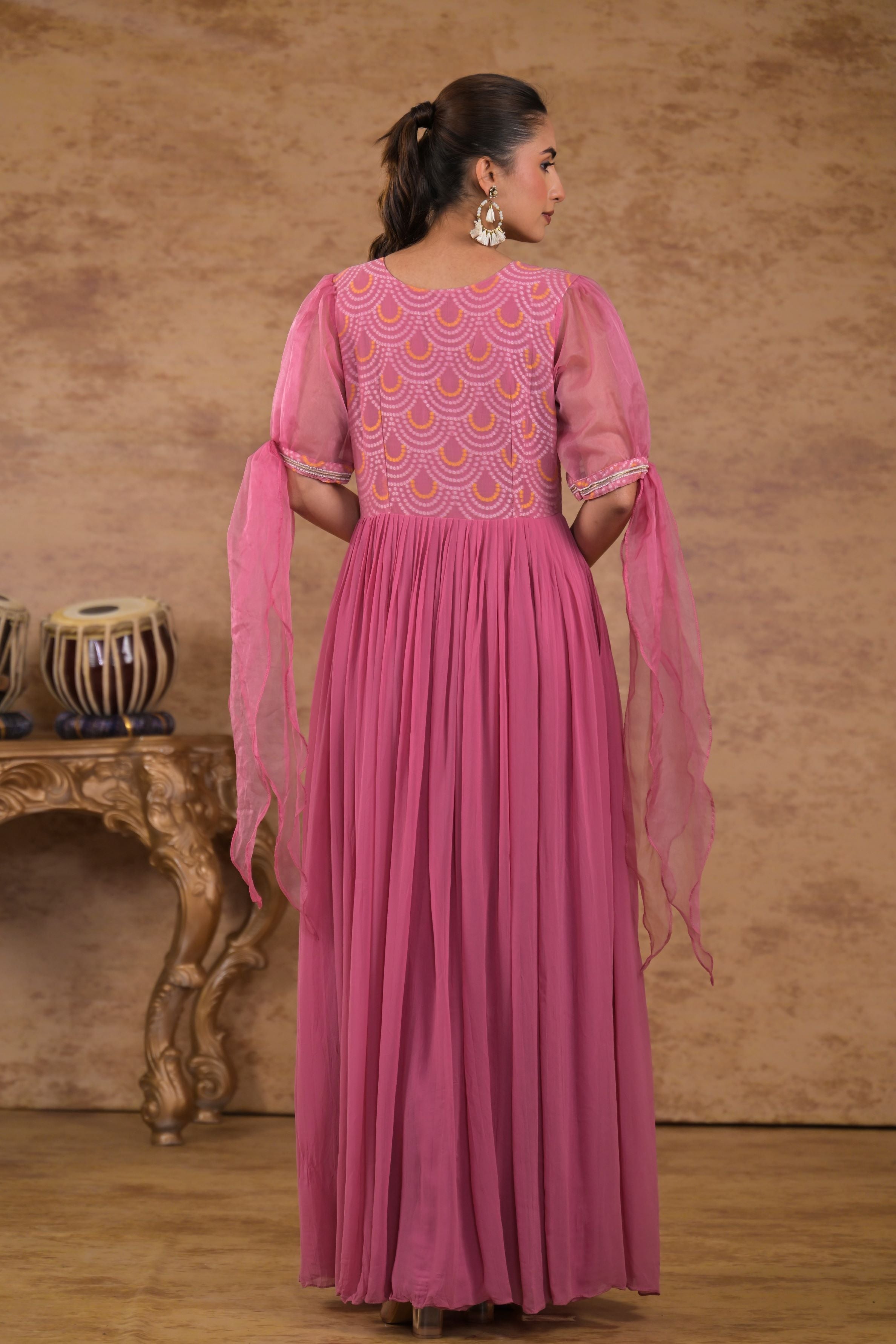 Pink Bandhej Printed Georgette Silk Gown