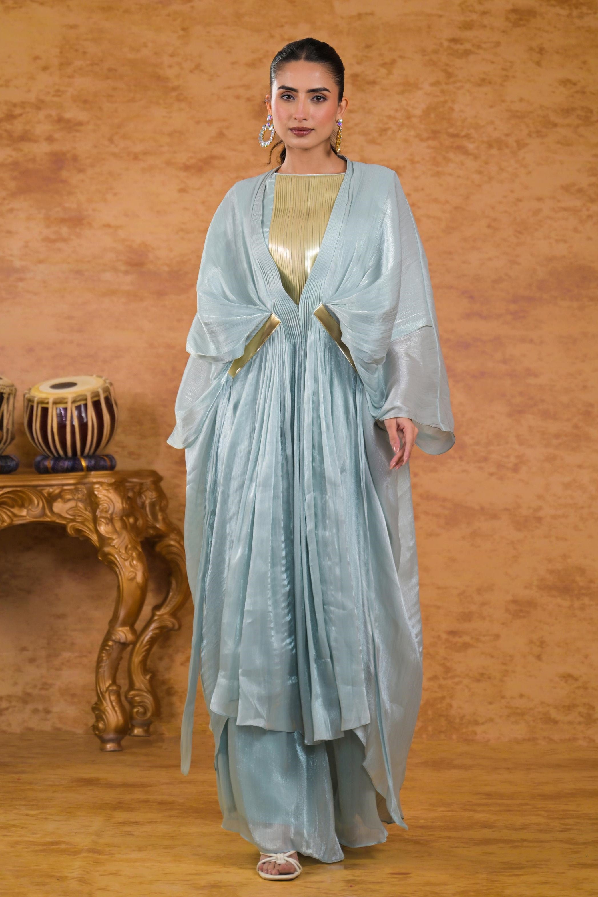 Pale Teal Premium Silk Draped Shrug With Palazzo