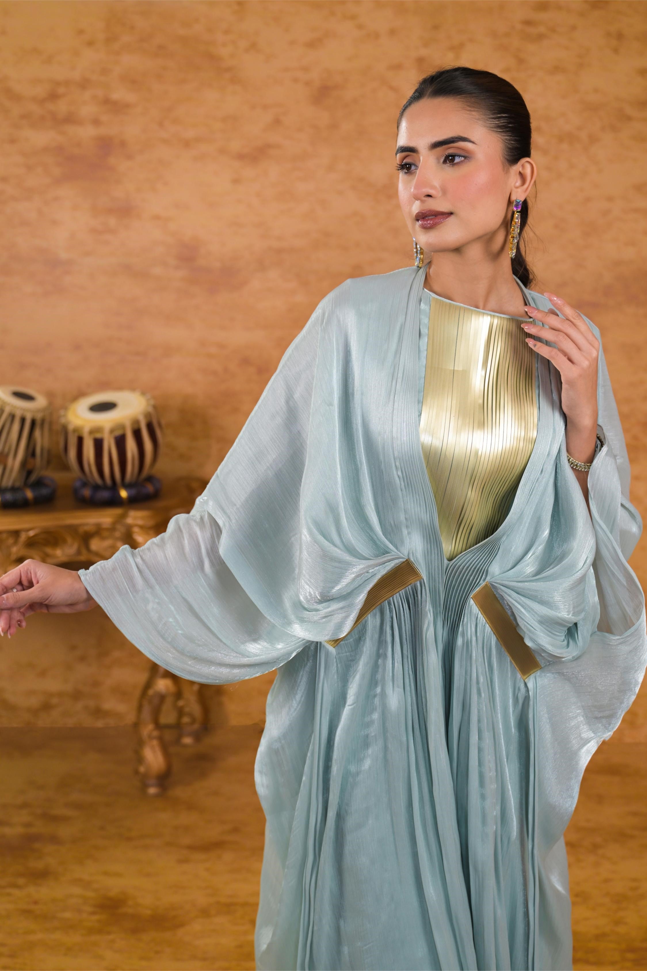 Pale Teal Premium Silk Draped Shrug With Palazzo