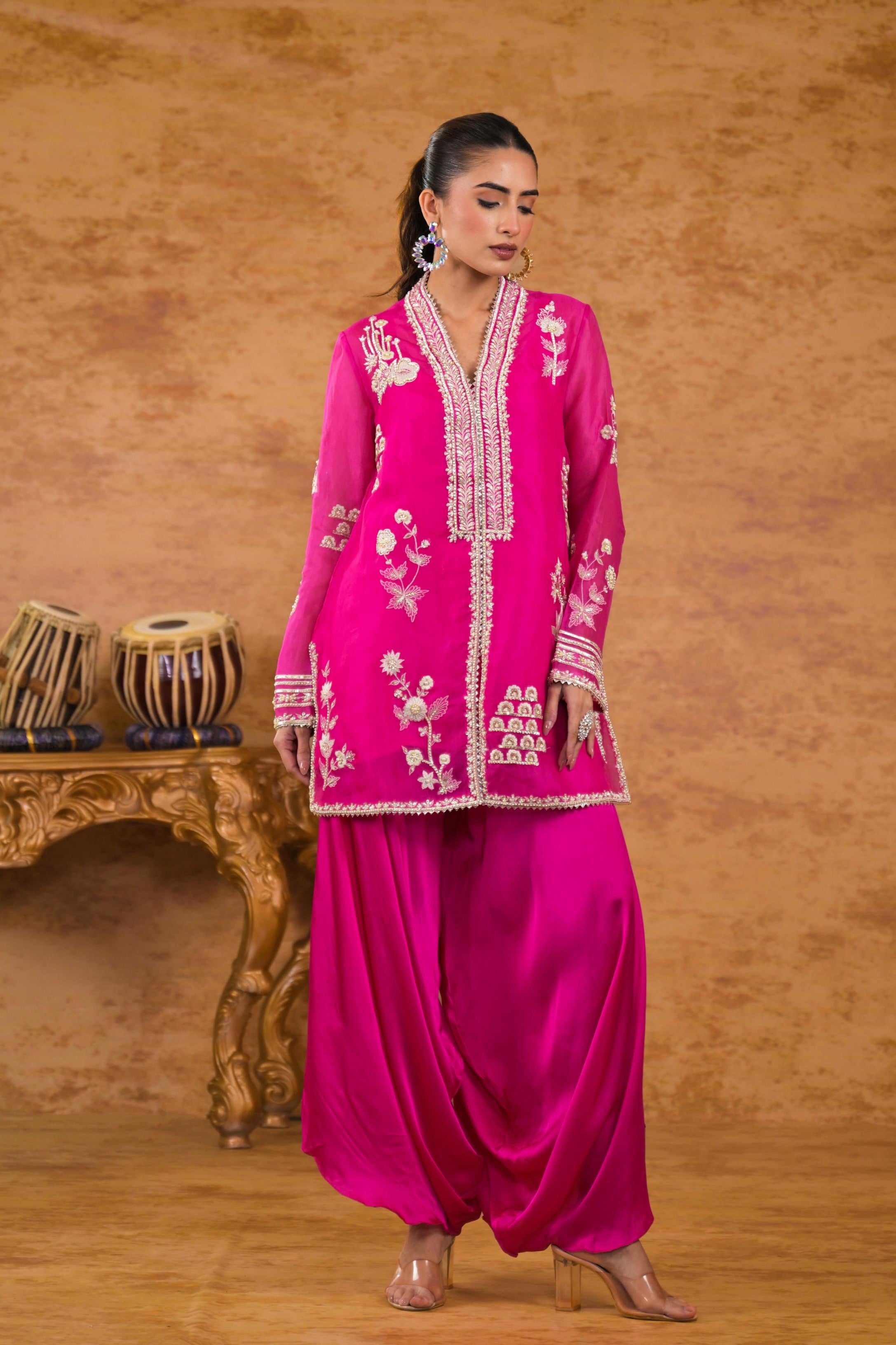 Pink Embroidered Organza Silk Kurta Set