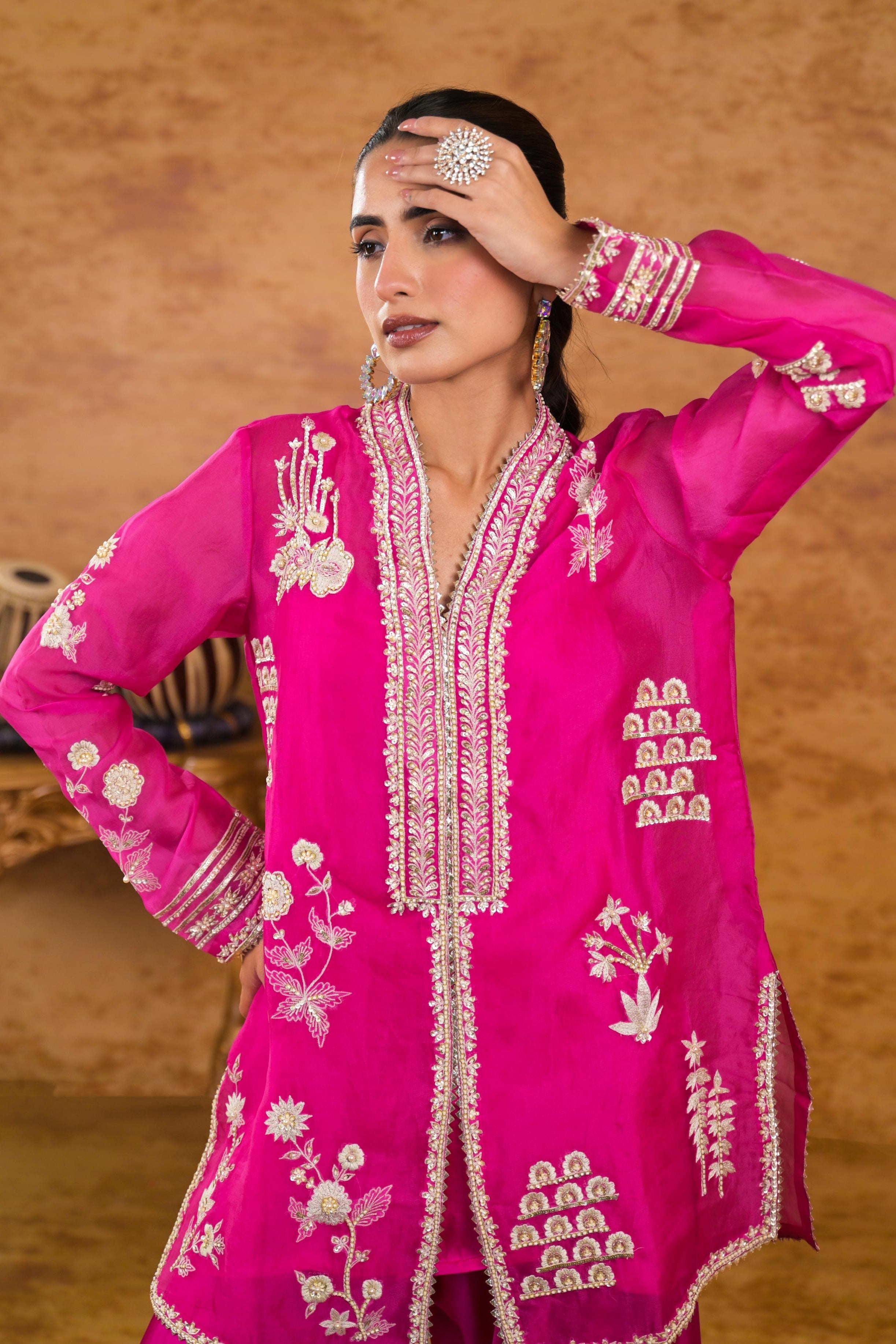 Pink Embroidered Organza Silk Kurta Set