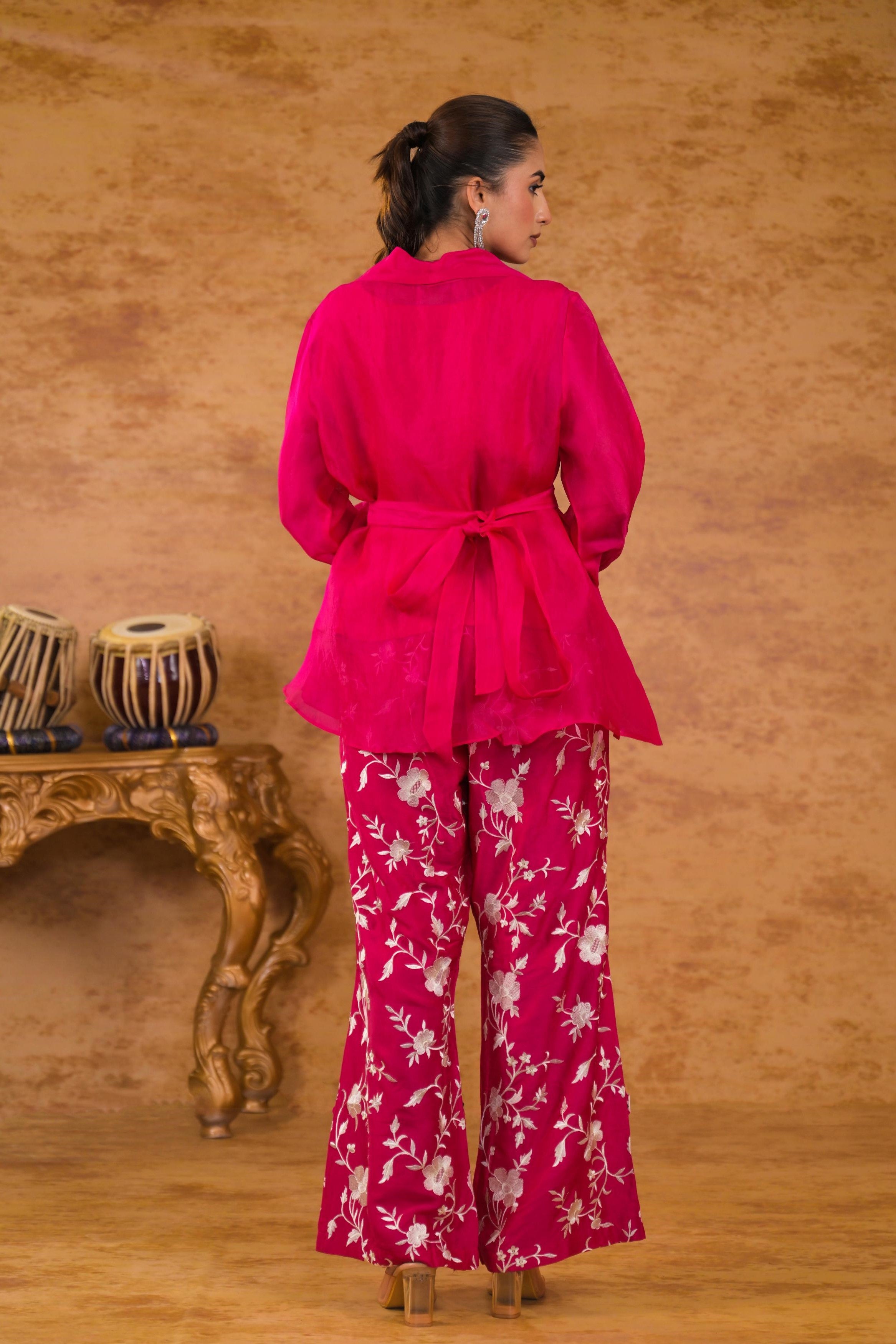 Bright Pink Embroidered Tissue Silk Co-Ord Set