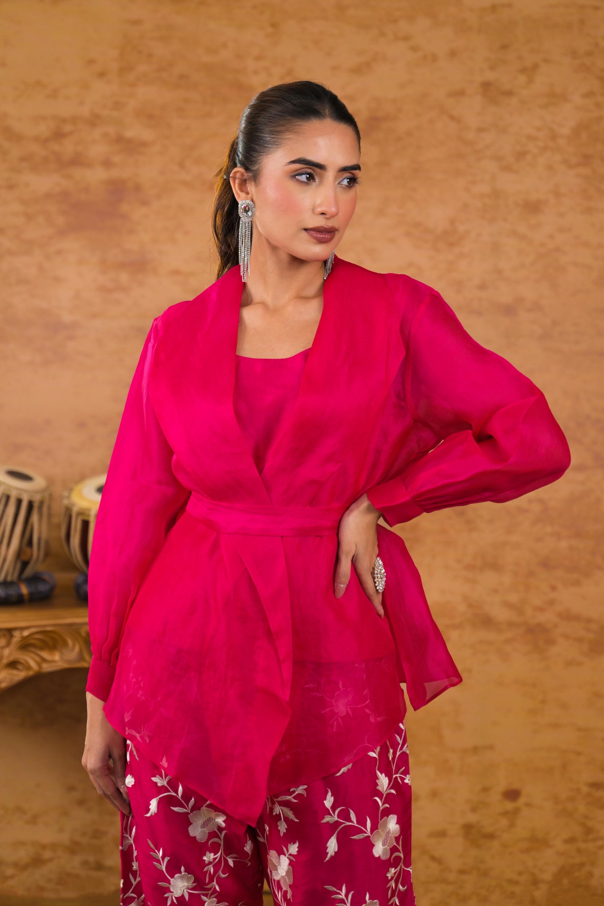 Bright Pink Embroidered Tissue Silk Co-Ord Set