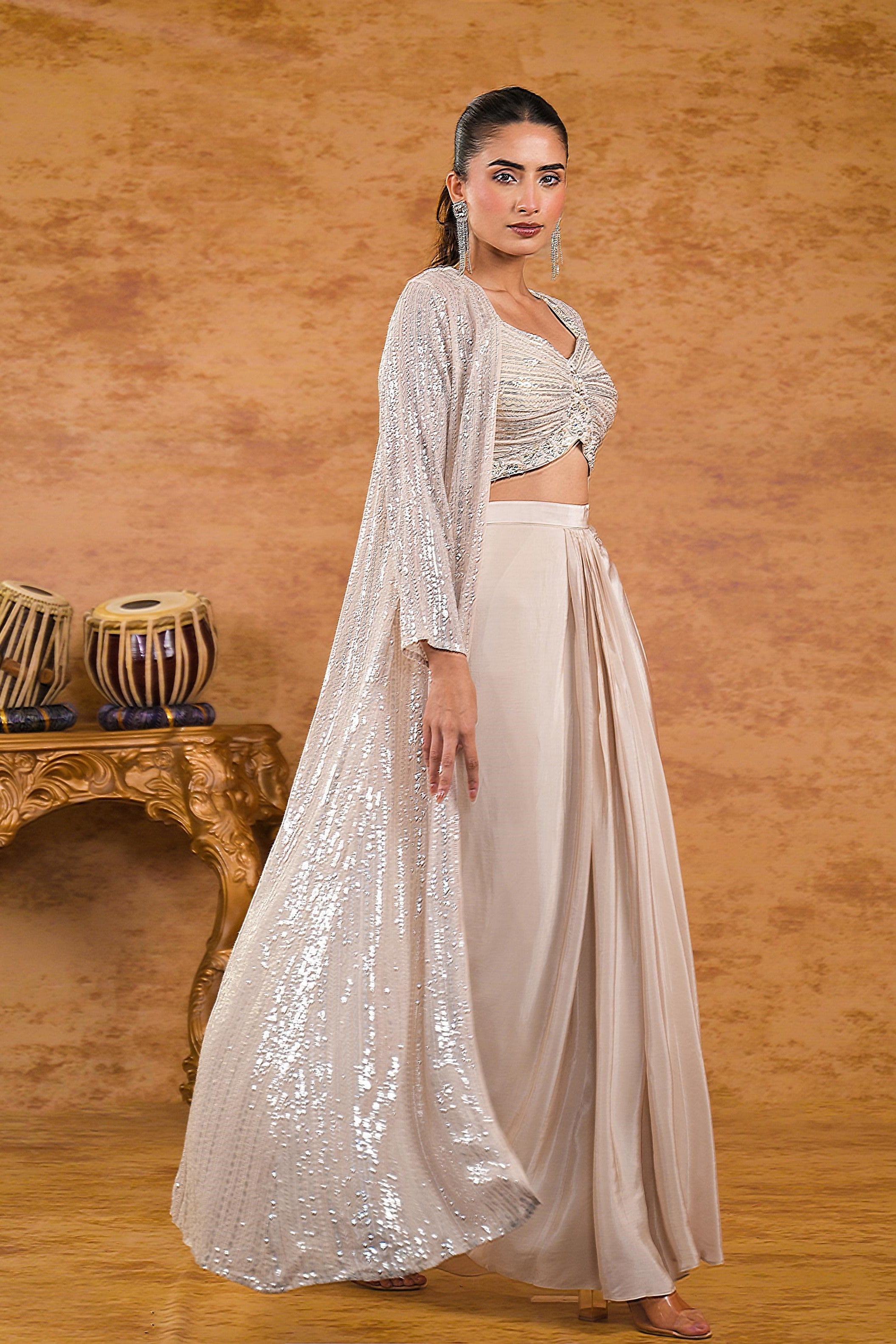 Ivory Embellished Georgette Silk Shrug Set