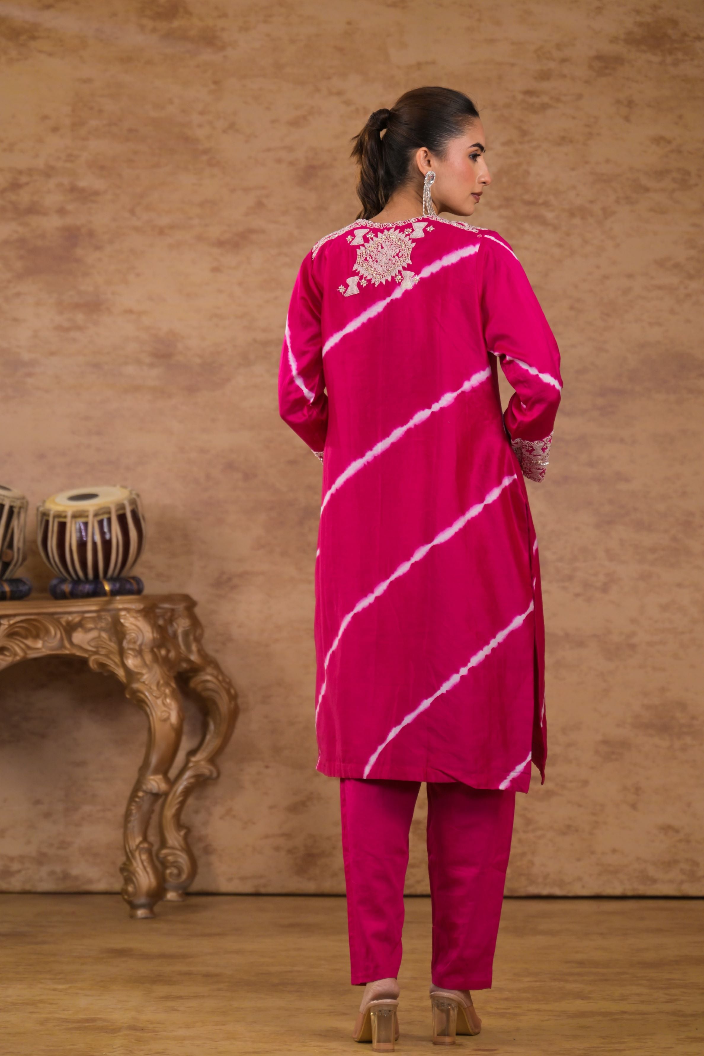 Pink Leheriya Printed Pure Silk Pants Set