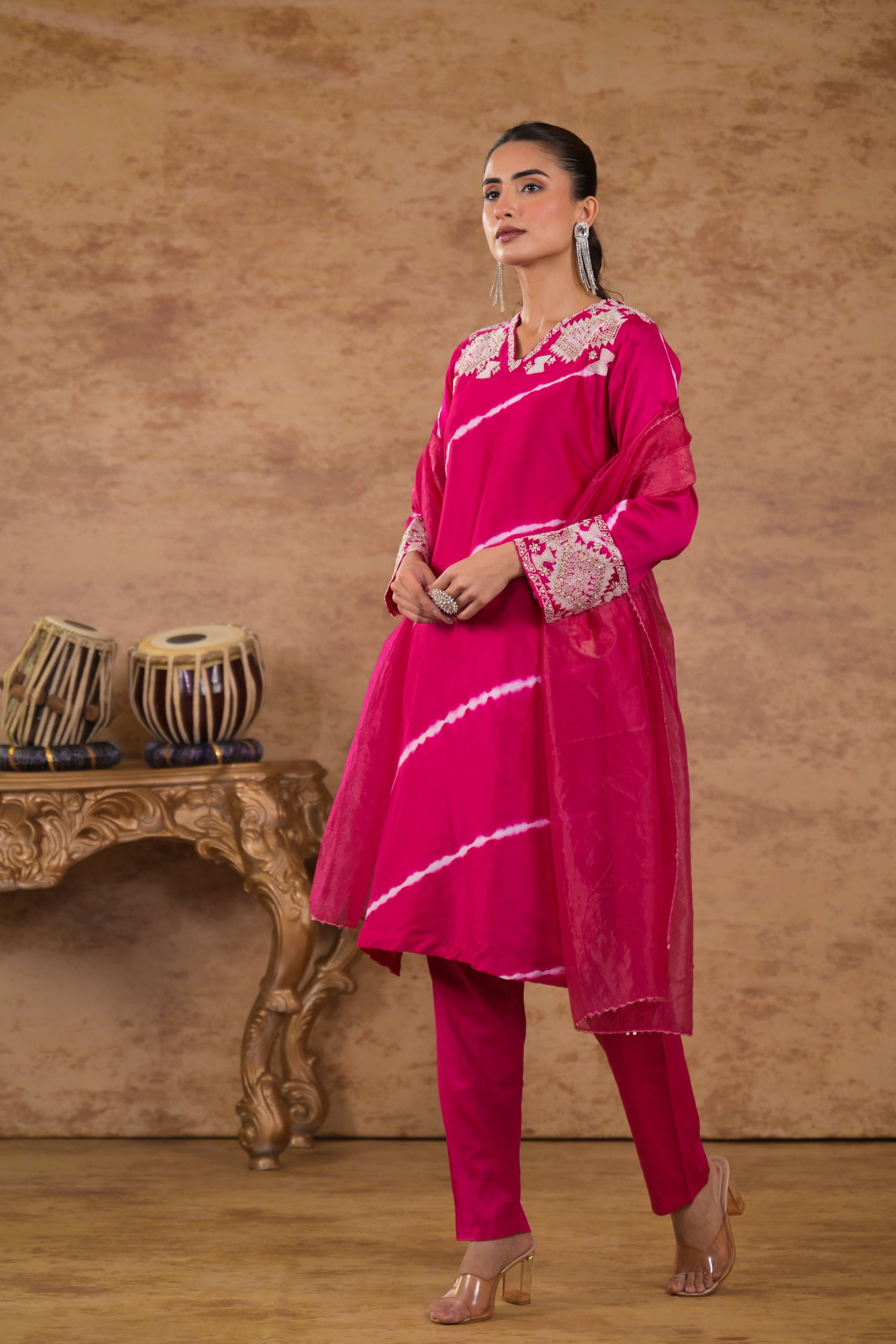 Pink Leheriya Printed Pure Silk Pants Set