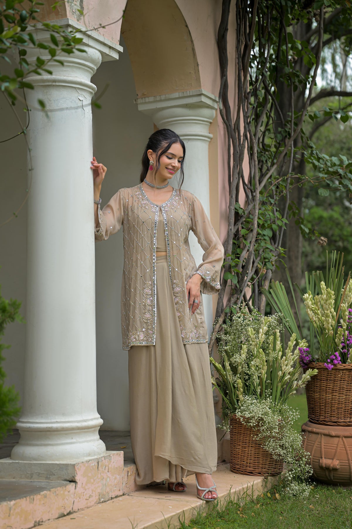 Taupe Grey Embellished Georgette Silk Skirt Set