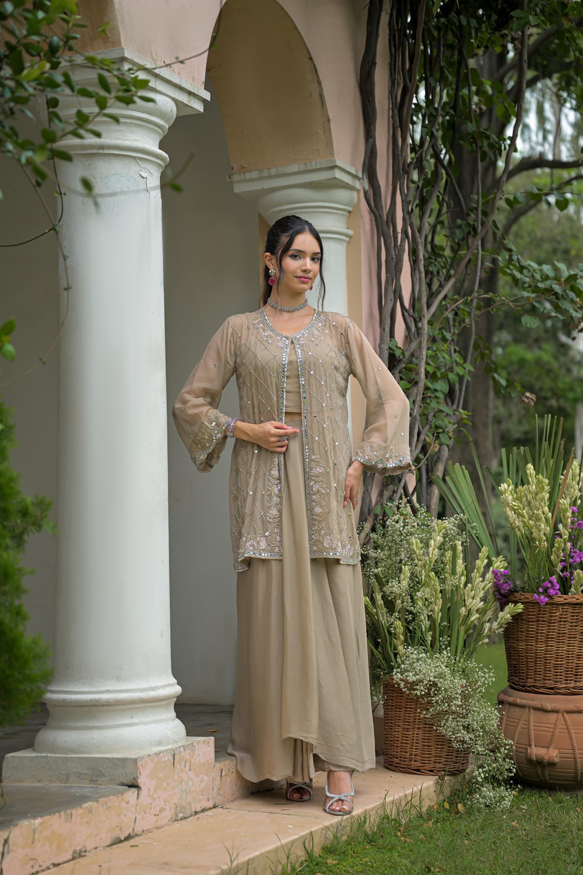 Taupe Grey Embellished Georgette Silk Skirt Set