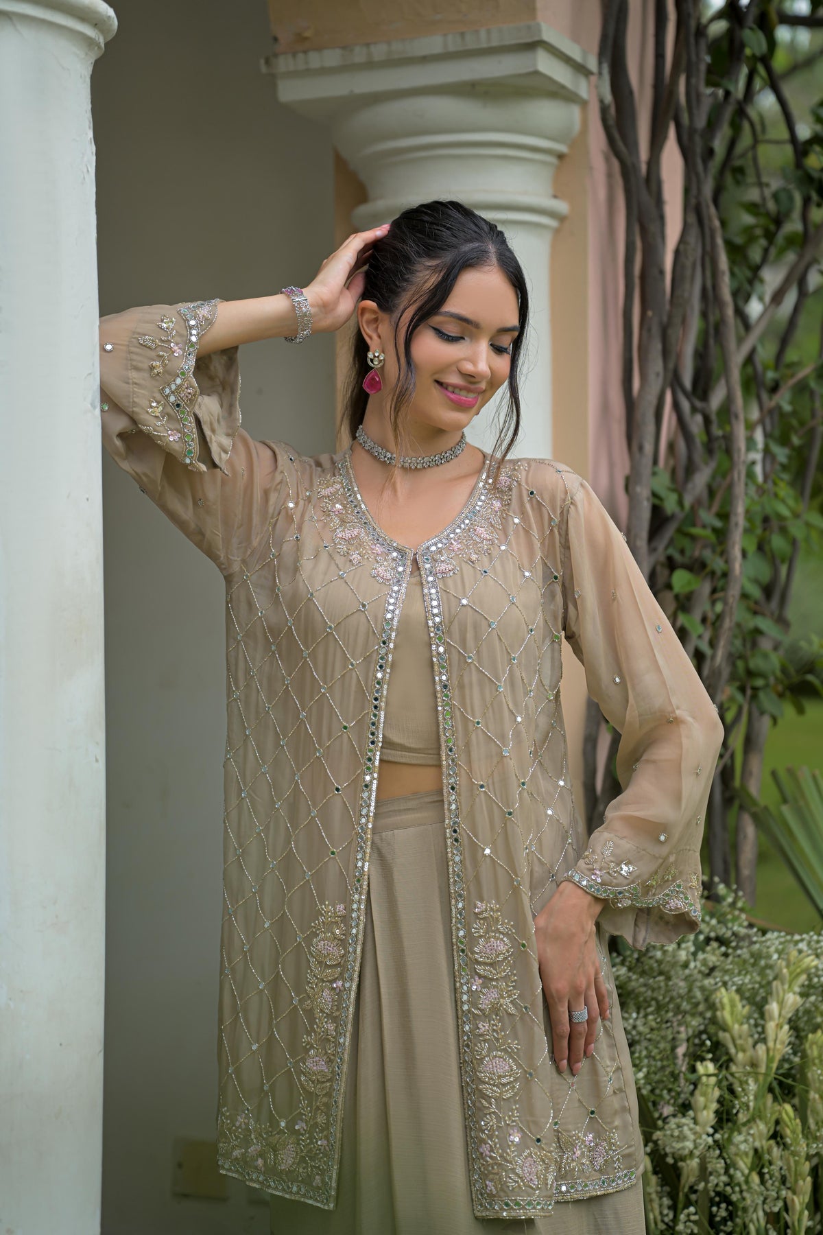 Taupe Grey Embellished Georgette Silk Skirt Set