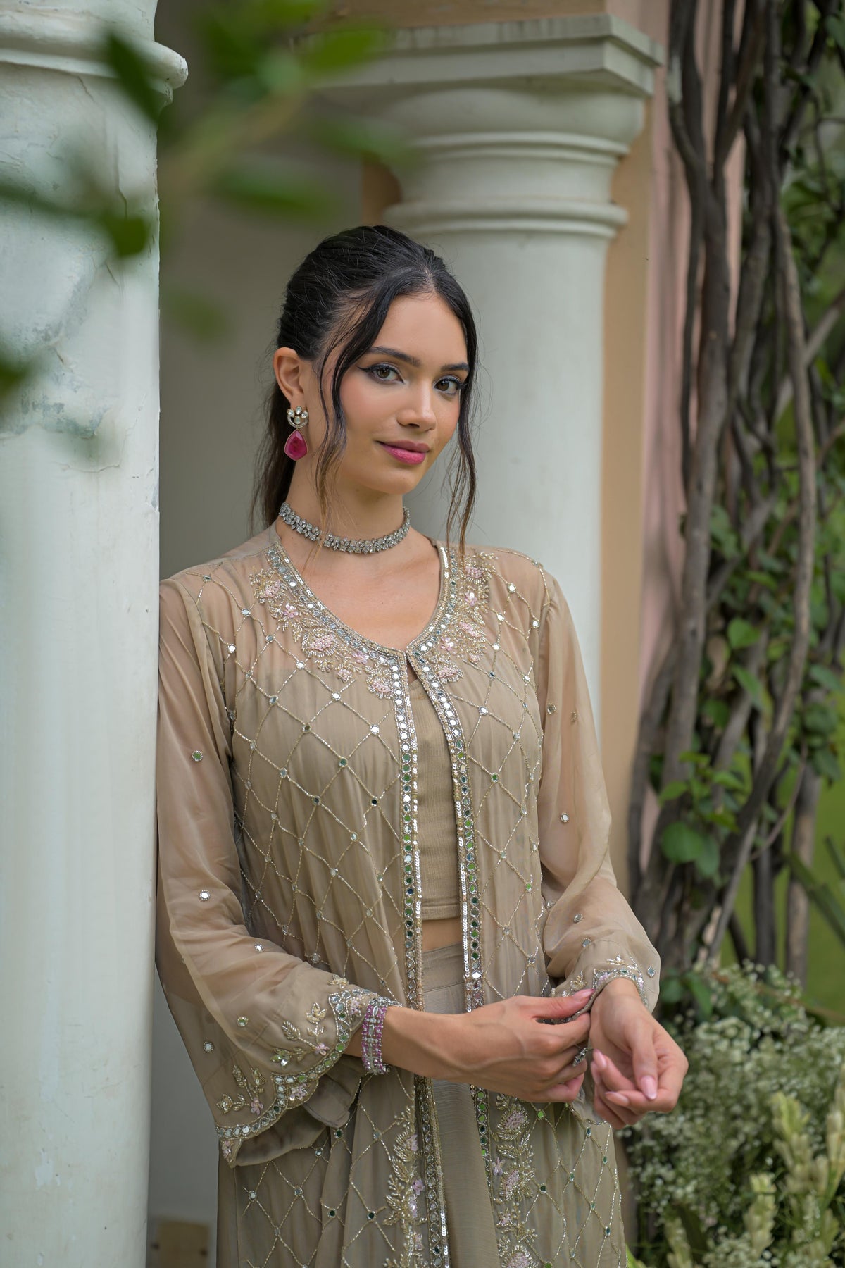 Taupe Grey Embellished Georgette Silk Skirt Set