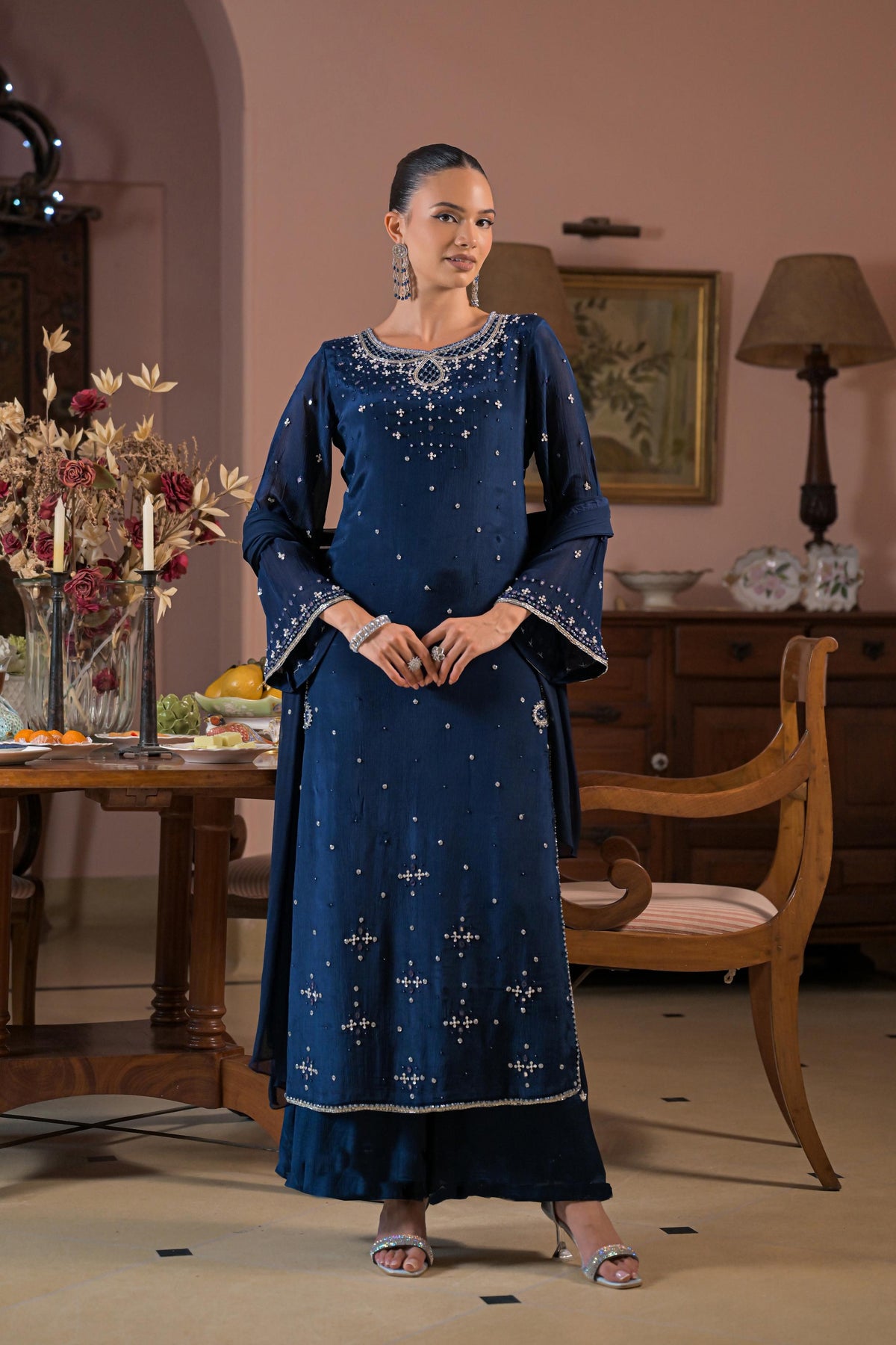 Midnight Blue Embellished Chinon Silk Pant Set