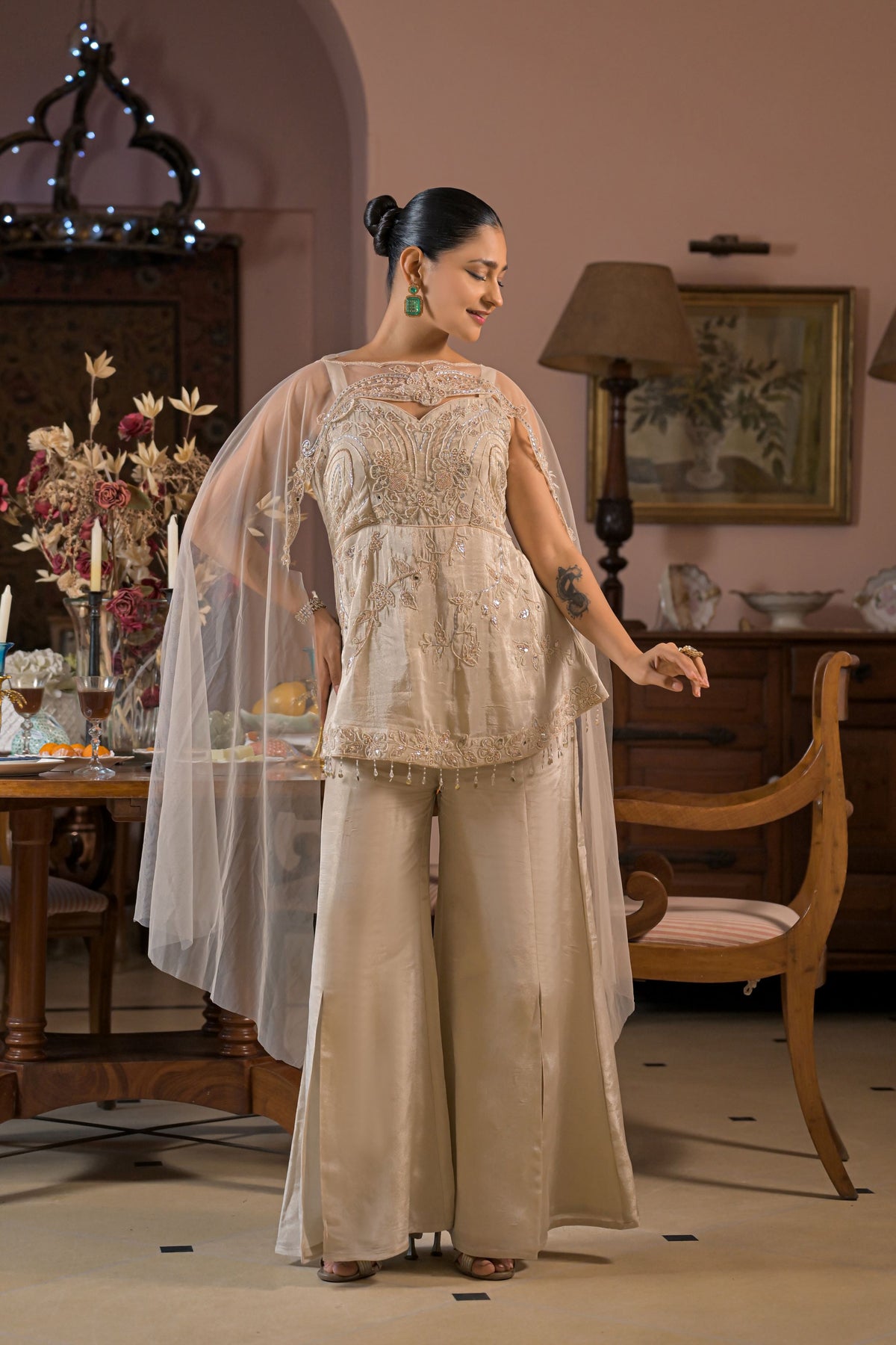 Cream Embellished Tissue Silk Palazzo Set