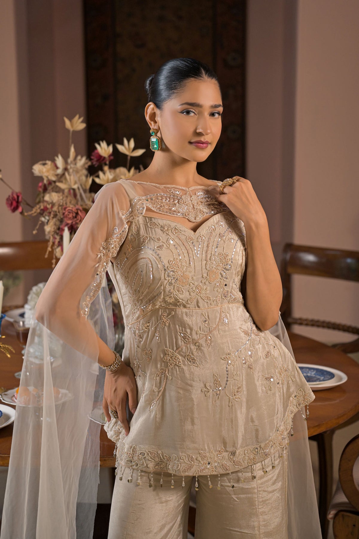 Cream Embellished Tissue Silk Palazzo Set