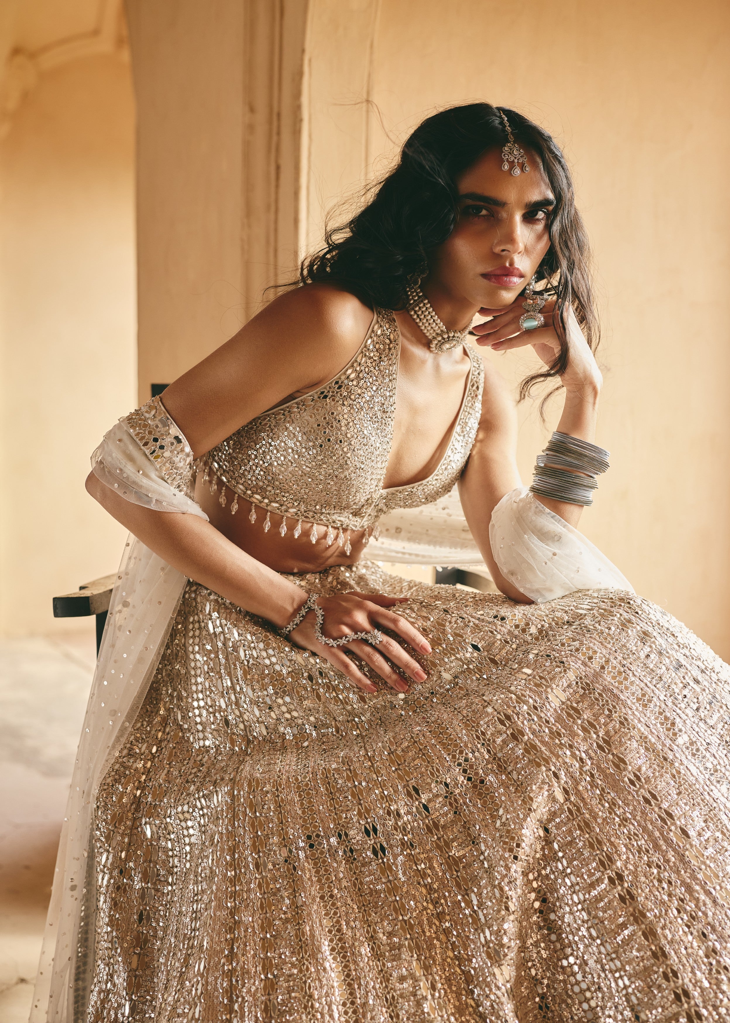 Ivory Silver Mirror-Embellished Premium Net Lehenga Set