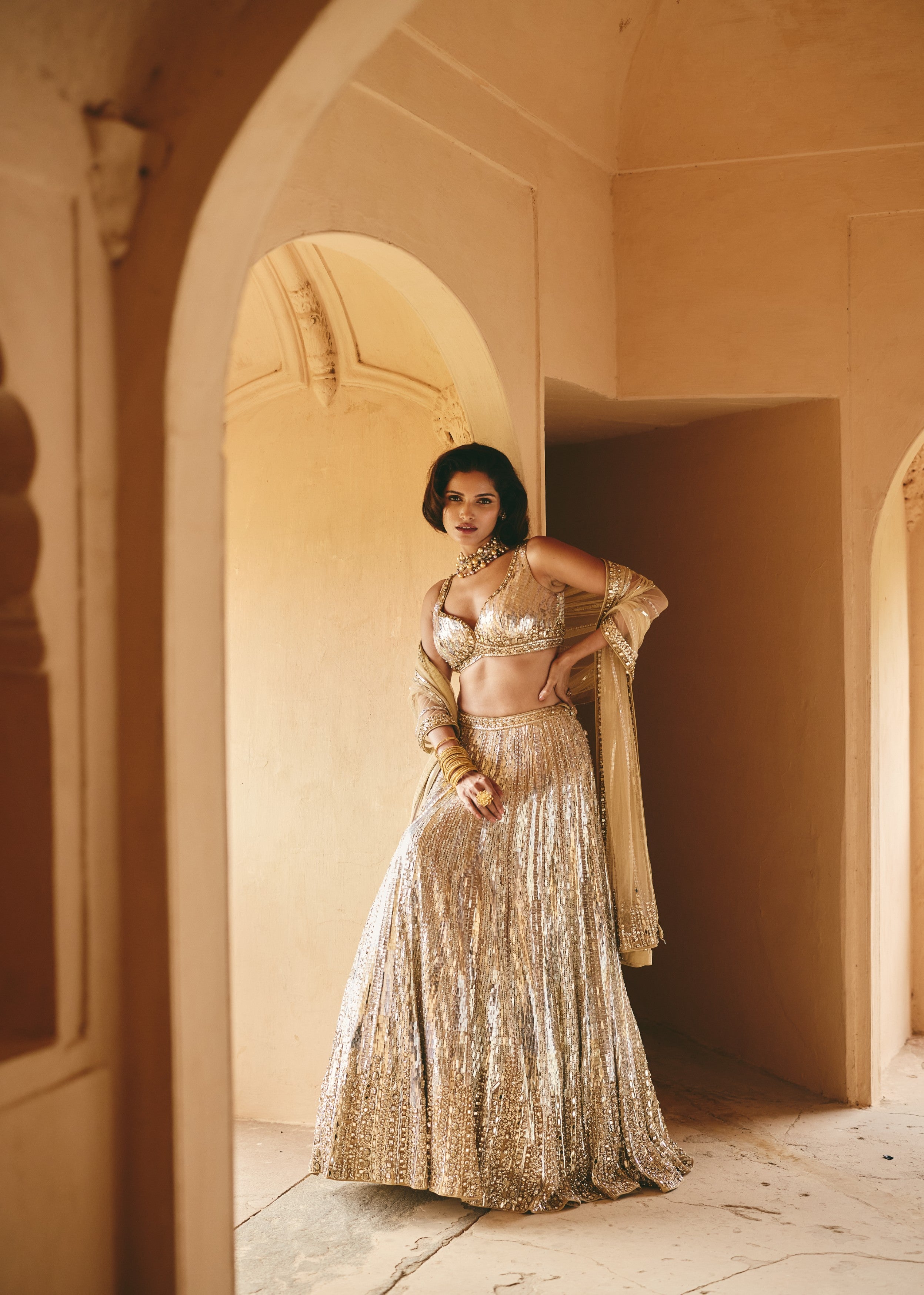 Champagne Gold Dazzling Premium Net Lehenga Set