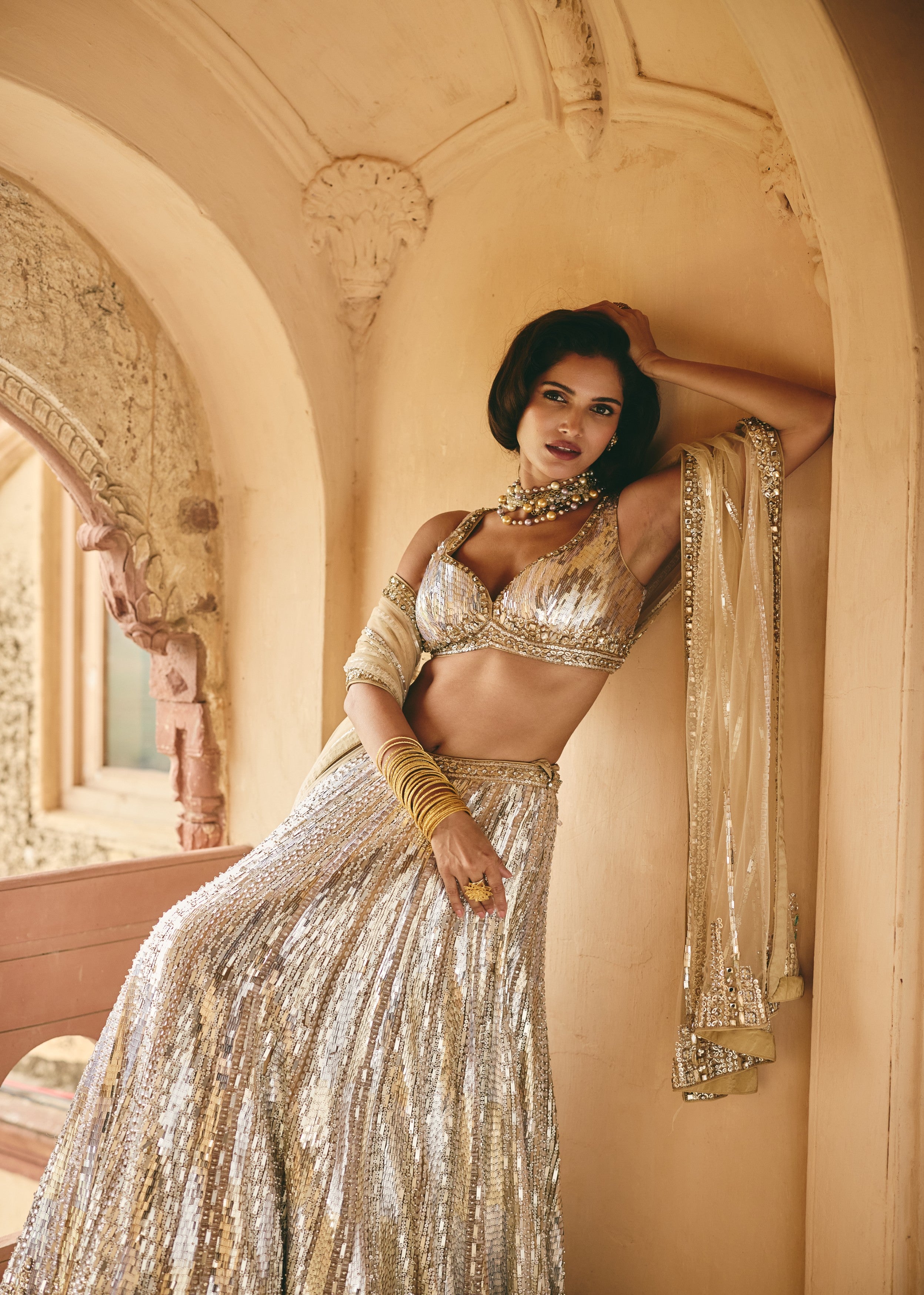 Champagne Gold Dazzling Premium Net Lehenga Set