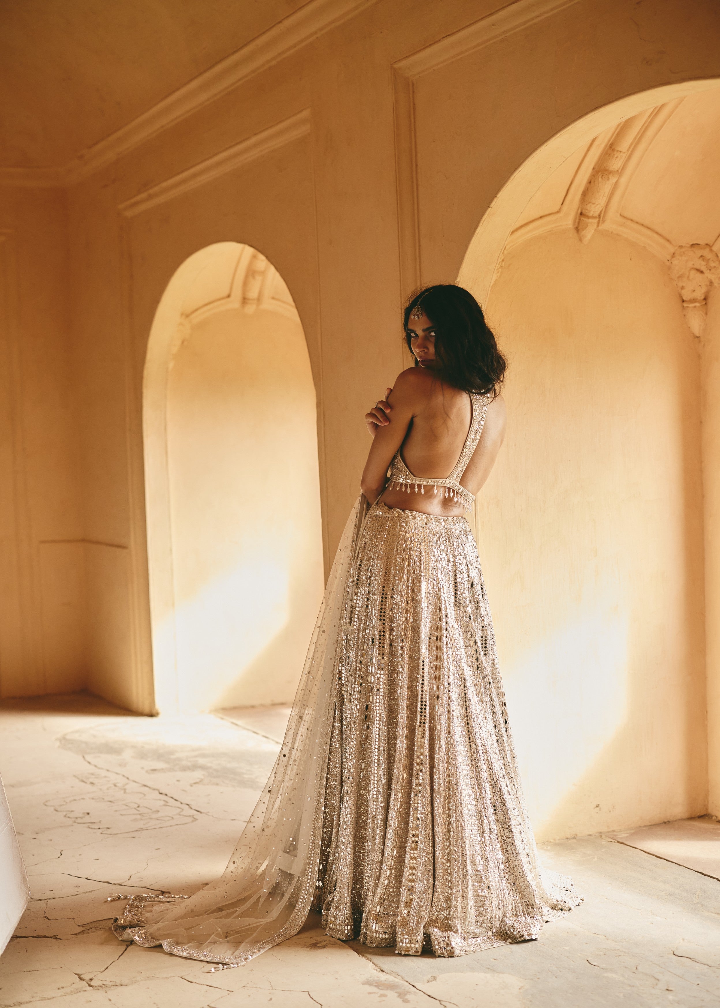 Champagne Gold Dazzling Premium Net Lehenga Set