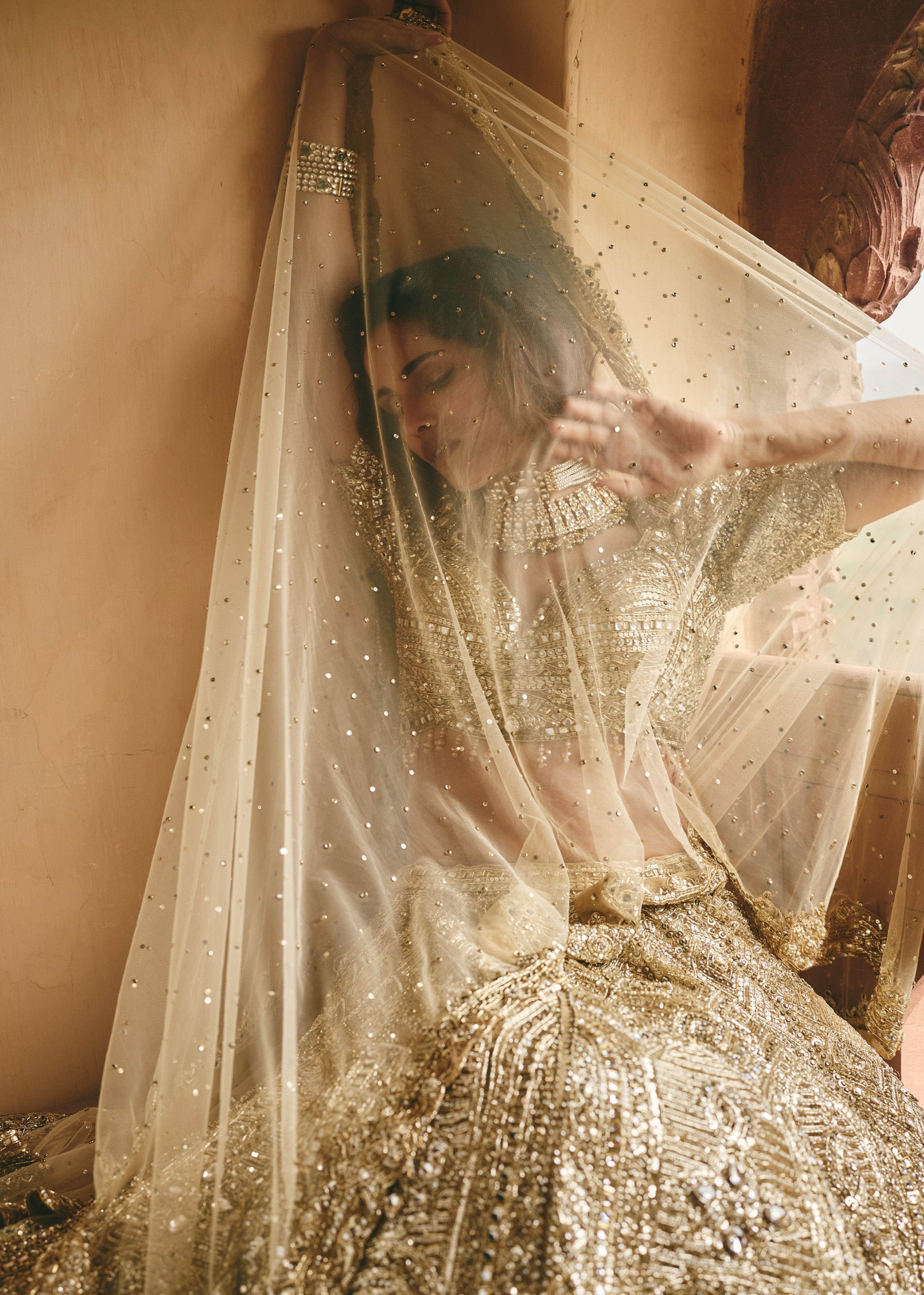 Antique Gold Embellished Premium Net Lehenga Set
