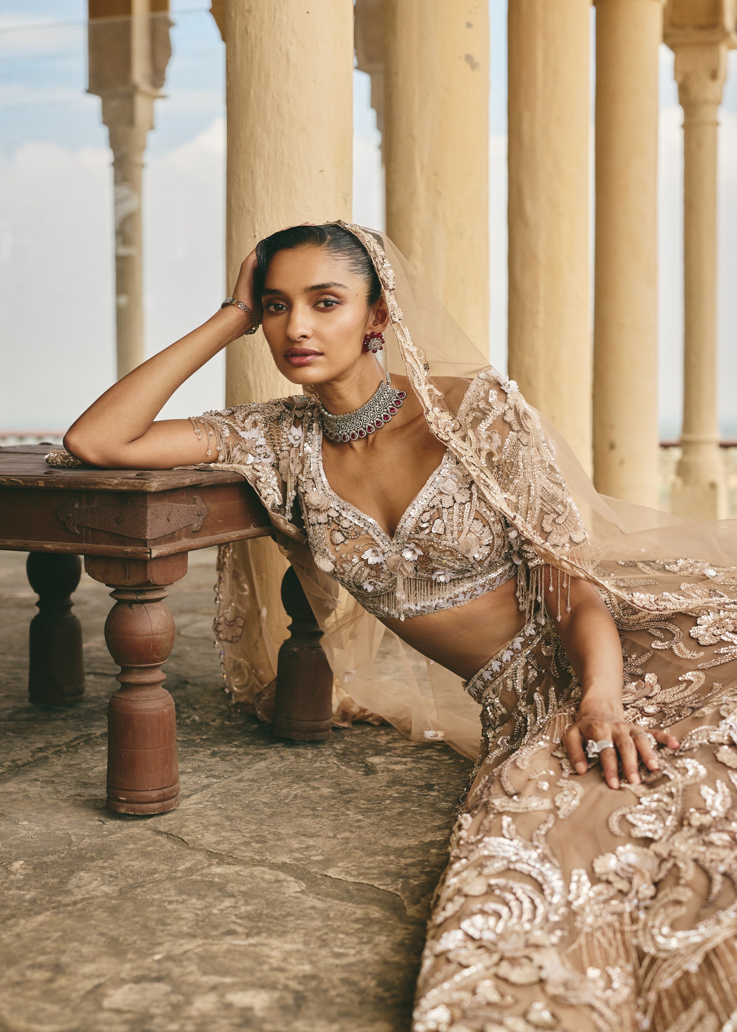 Beige-Gold Camellia 3D Floral Embroidered Lehenga Set