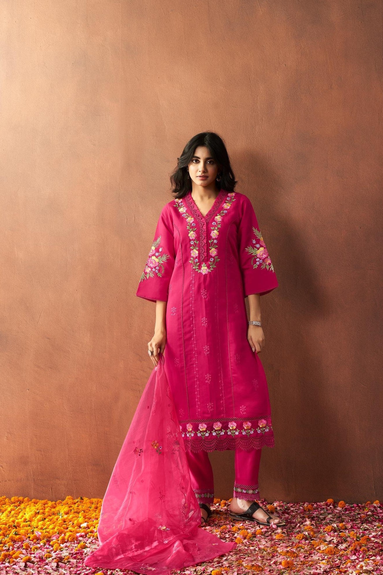 Rani Pink Embroidered Spanish Silk Pants Set