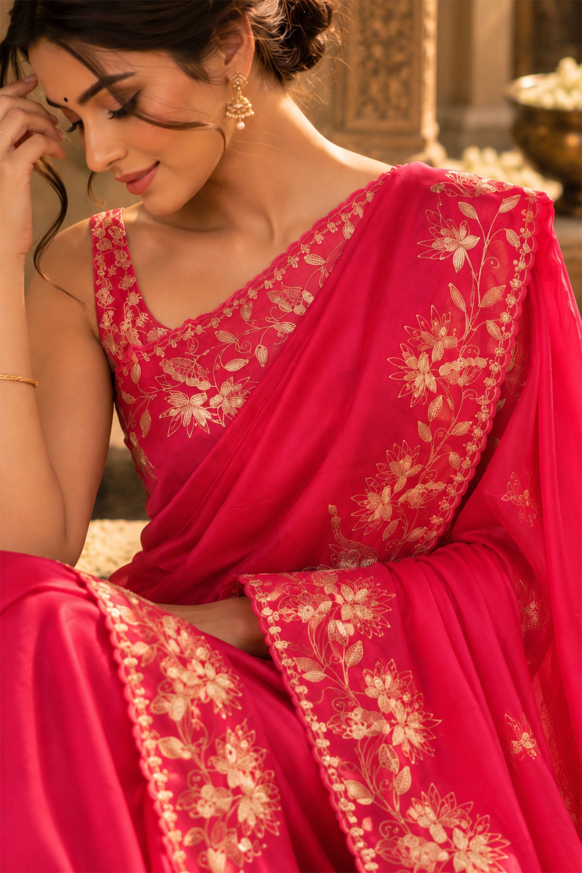 Fuchsia Pink Embroidered Crepe Organza Silk Saree
