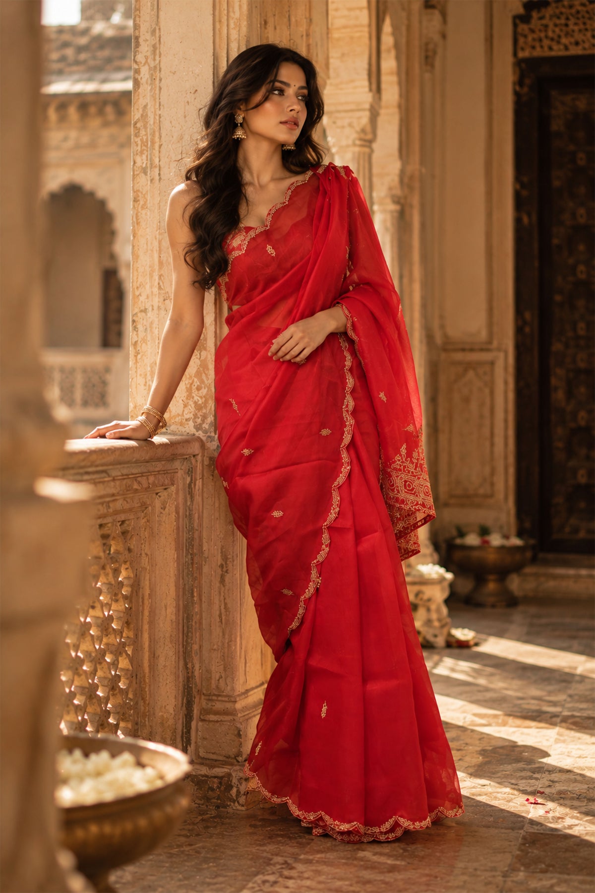 Scarlet Red Scalloped Organza Silk Saree