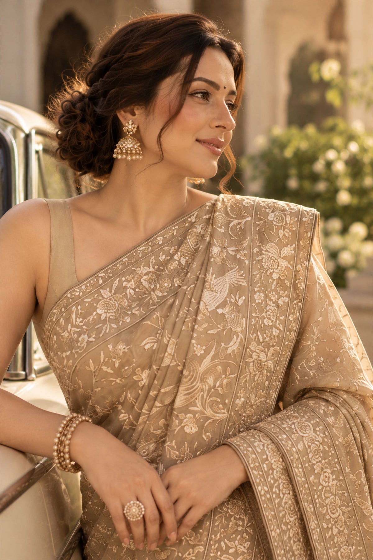 Metallic Beige Embroidered Tissue Silk Saree