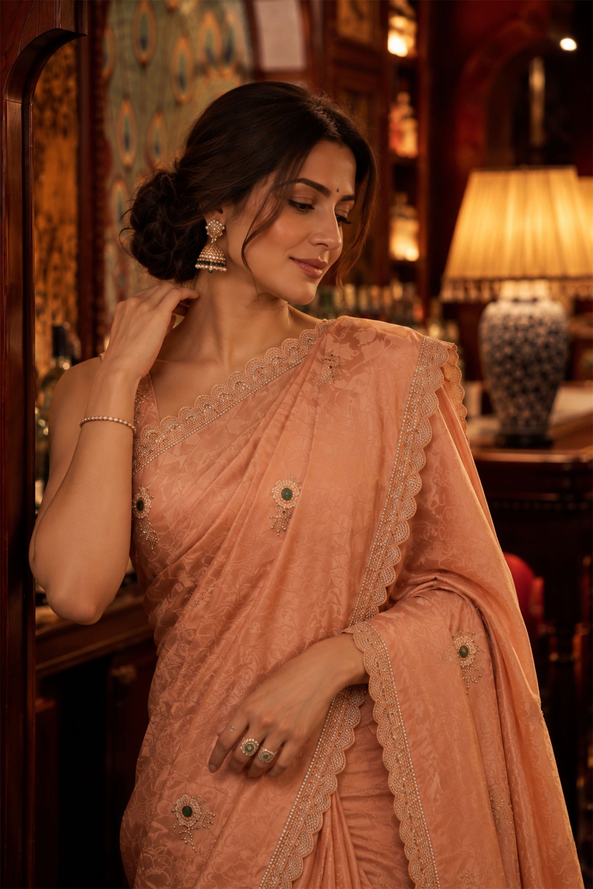 Pastel Peach Embellished  Brocade Silk Saree